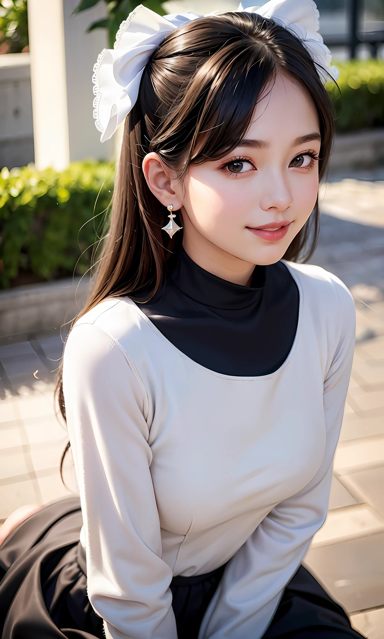 (8k, RAW photos, best quality, High resolution: 1.1), (surreal: 1.4), (realistic, realistic: 1.3), soft light, girl, realistic face, realistic body, realistic skin, ridiculous, masterpiece, model, (cute: 1.8), cute, solo, (: 1.2), detailed black eyes, innocent eyes, blush, (dress conservative: 1.2), movie lights, film grains, jewelry, earrings, ((princess hairstyle: 1.1)), ((floating hair nova frog style)), loose turtleneck sweater, lady dress, bustling decoration, scarf, shorts, long white stockings, cherry lips, headband, hair bow, Big bow on chest, top hat, viewer, open lips, upper teeth, lower abdomen, (smiling eyes: 0.6), (grin: 1.2)), depth of field, blurred background, eye focus, bokeh, young, 85mm lens, f/1.4, professional lighting, young, photon mapping, radiosity, physically based rendering,