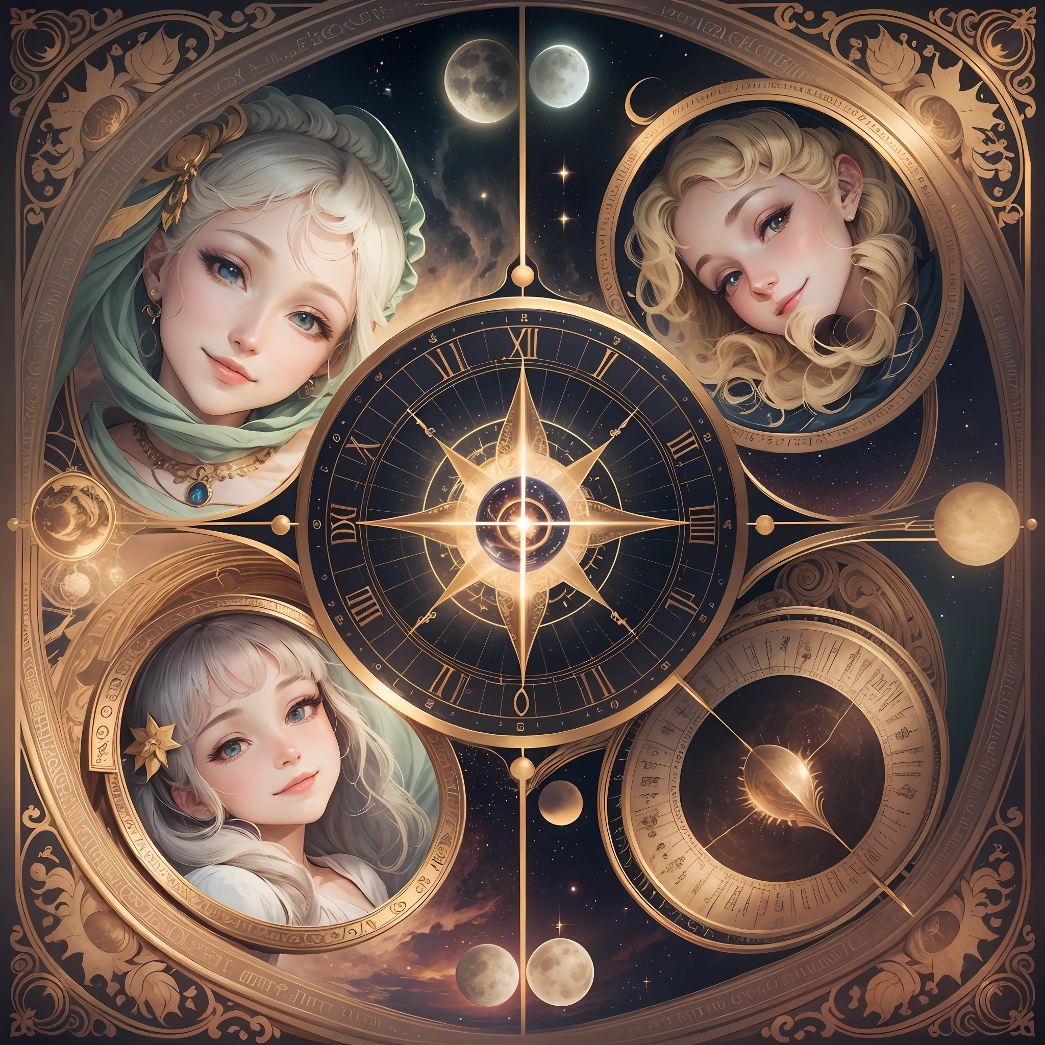 birth chart, Venus, light, moon, sun, planet, star, gentle smile, rococo