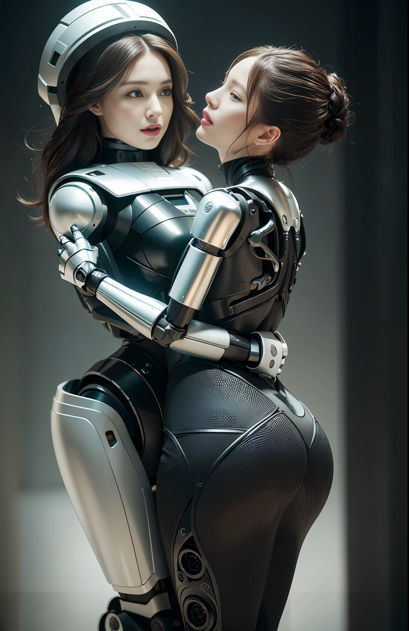 A burly male robot and a real realistic 25 year old woman in short skirt passionately lingering hugging and kissing, complex 3d rendering very detailed beautiful ceramic silhouette female robot face, robot, robot parts, 150mm, beautiful studio soft light, edge light, vibrant details, luxurious cyberpunk, lace, surrealism, anatomy, facial muscles, cable wire, microchip, elegant, beautiful background, octane rendering, HR Giger style, 8k, best quality, masterpiece, illustration, very refined and beautiful, very detailed, CG, unified, wallpaper, (realism, fidelity: 1.37), amazing, fine detail, masterpiece, best quality, full body,