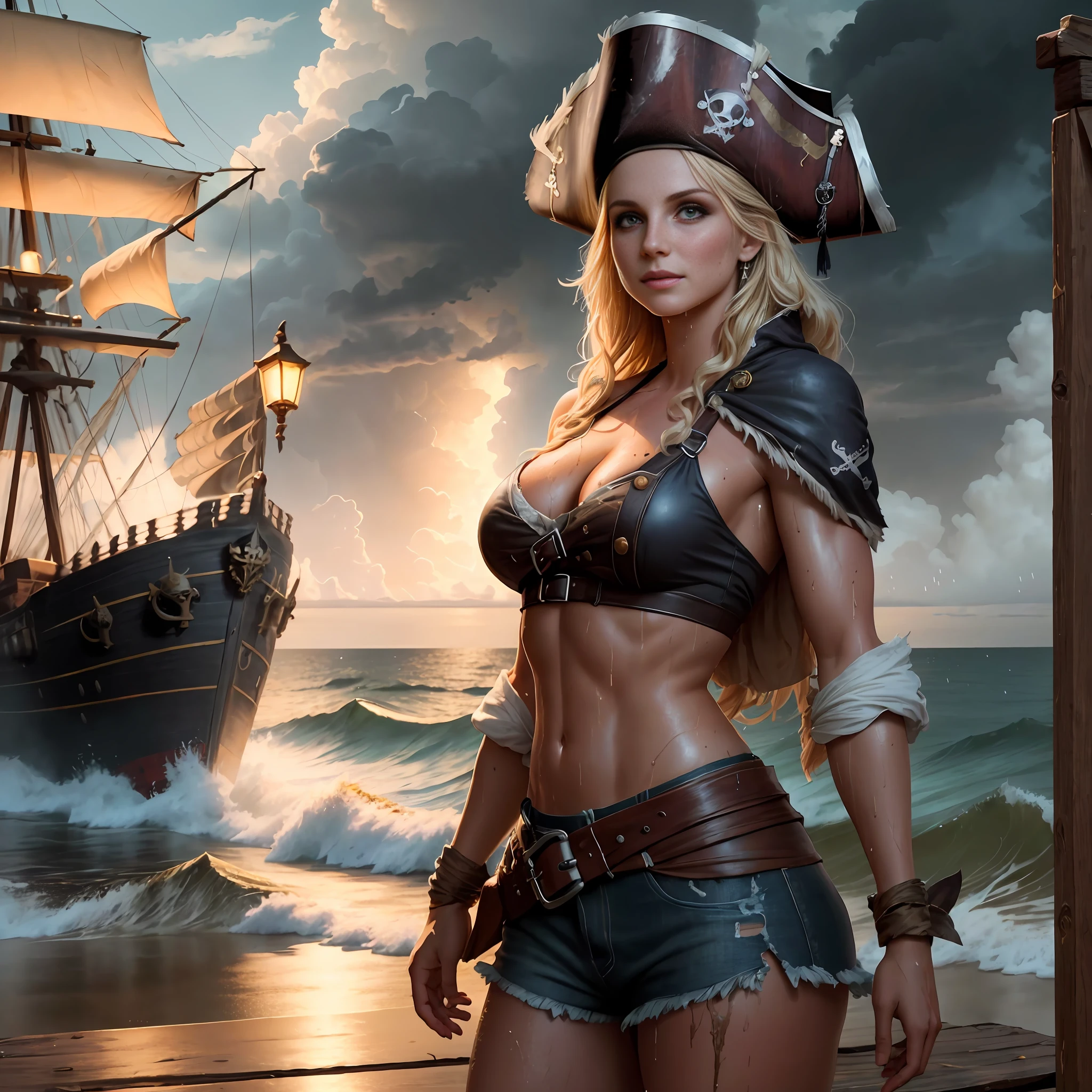 (Britney Spears) dramatic lighting, high quality, cinematic film, (beautiful and attractive woman, light muscles, female body, large breasts, wearing dirty and tattered pirate costumes, standing on the deck of the pirate ship moored in the Caribbean port), smiling, dark atmosphere, toned body, (torn clothes: 0.8), perfect face, looking at the viewer, (detailed skin), ((dirty)), (wet skin), sweat, (wet body), (mud), (storm clouds:0.7), (storm weather:0.5), natural lighting, (direct light:0.4), 8mm film grain, photographed on a Sony a9 II, 24mm lens, F/2.8 aperture, deep focus, (RAW), 8k, (still from The Lost Pirate Kingdom)