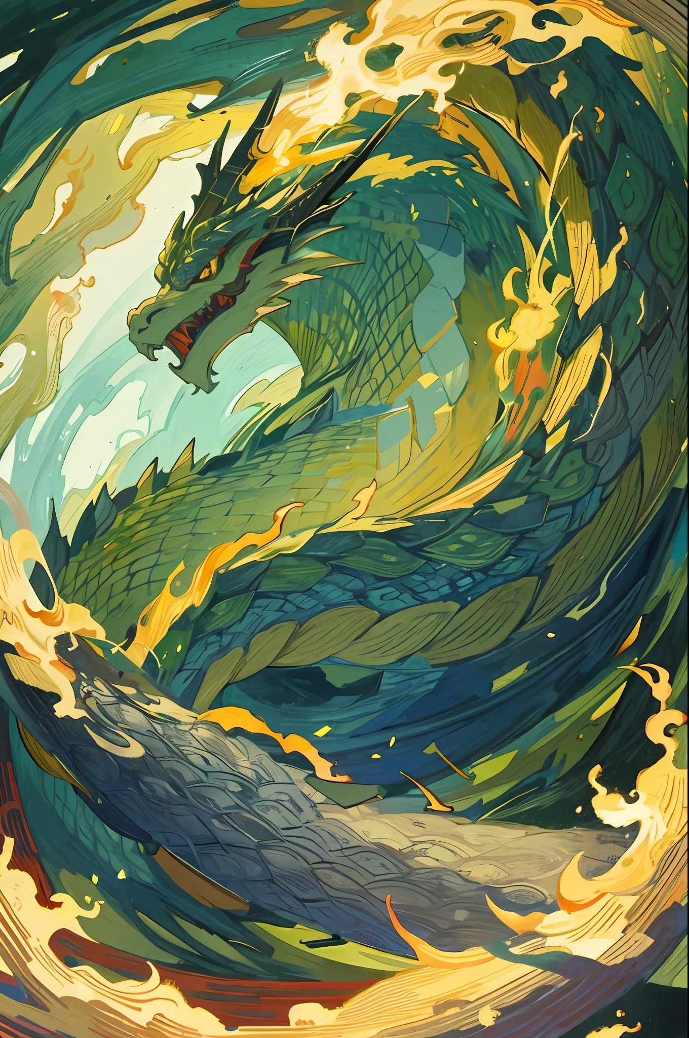 Create an image in the style of a traditional Japanese painting. The scene depicts a dramatic dragon, coiled around a tree in a lush forest. The dragon's scales are iridescent and glimmer in the sunlight filtering through the trees. The forest is alive with color, vibrant with an array of green and yellow foliage. The dragon's expression is fierce, yet calm, conveying power and wisdom. The image should have a high resolution and quality, with the dragon and tree in sharp focus. The angle of the camera should be slightly below the dragon's head, giving a sense of its grandeur and size, and the lighting should be softly diffused, creating a mystical and dreamy atmosphere.