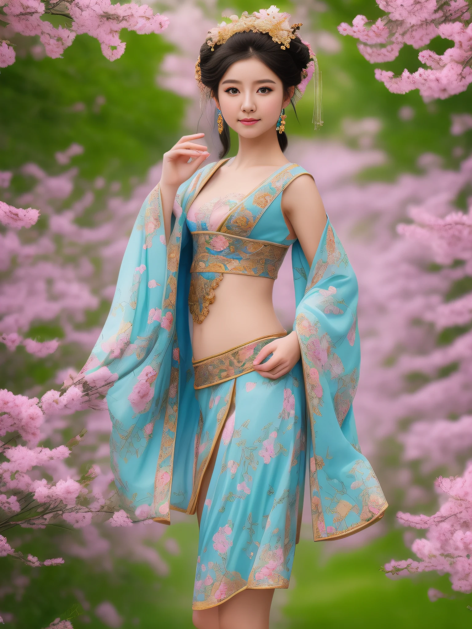 full body,full shot,sfw,russian goddess princess girl in the image of a geisha with big bright blue eyes and long fluffy eyelashes Nordic type with a perfect graceful figure and very long and fluffy wavy hair of bright wheat colour stands in full growth on the alley against the background of blooming Japanese pink sakura in Japanese kimono colour bright navy blue and Japanese shoes gane colour bright navy blue, Girl's lace kimono with intricate patterns with frank cutouts ultra short frankly sexy, Small breasts with protruding are viewable through the fabric and in the girl's ears are beautiful long delicate ear-rings with precious sapphires that shimmer and sparkle in the light The ground on which the girl stands is lavishly strewn with cherry petals, the scene is highly artistic, high resolution, sharp focus, artistic style Migjorni-V5, hyperphotorealism, perfect proportions, golden ratio photo, flare, outline, sunlight, soft glow, soft focus, photography style soft focus through a Monocle lens.