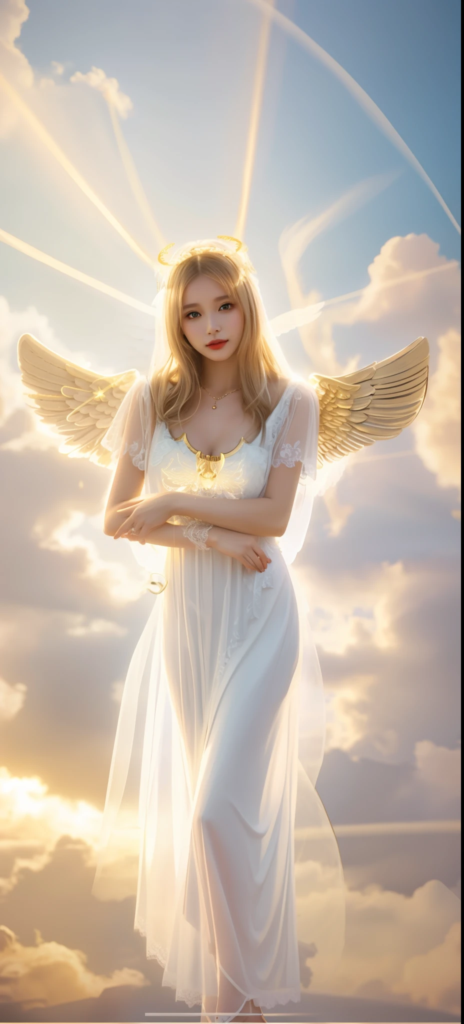 There is a woman in a white dress with wings on her back, wearing an angel halo, wearing an angel halo, a beautiful angel, a beautiful angel girl with beautiful wings, golden armor wings lace frayed, real skin culture, real lighting, surrealism, cinematic filters