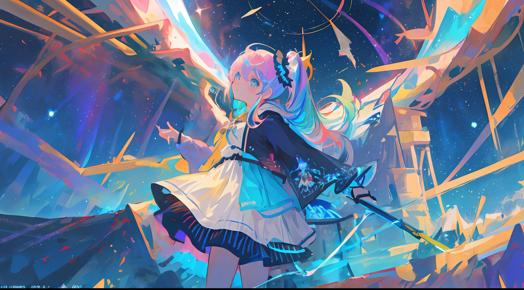masterpiece, best quality, ultra-detailed, illustration, girls with rainbow colored hair and dresses with blue armor, sky background of cosmic nebula stars