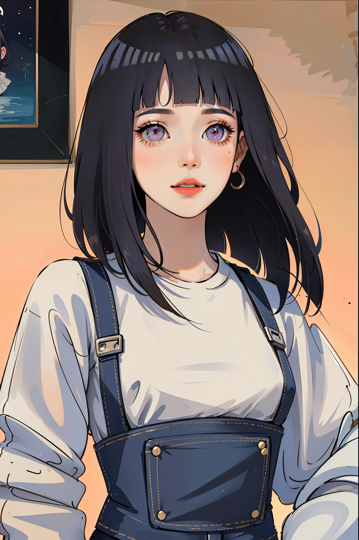 (Portraits:1.4), (masterpiece:1.2, best quality:1.2), from front, all body, full body
1girl, Look at viewer, face and body focus, extremely detailed character, extremely detailed clothes, good-looking, make up, standing, (((overall jeans))), white shirt inner, earrings, (((blunt bangs))), ((long hair)), hinata/(boruto/), big purple eyes, smile, detailed lips