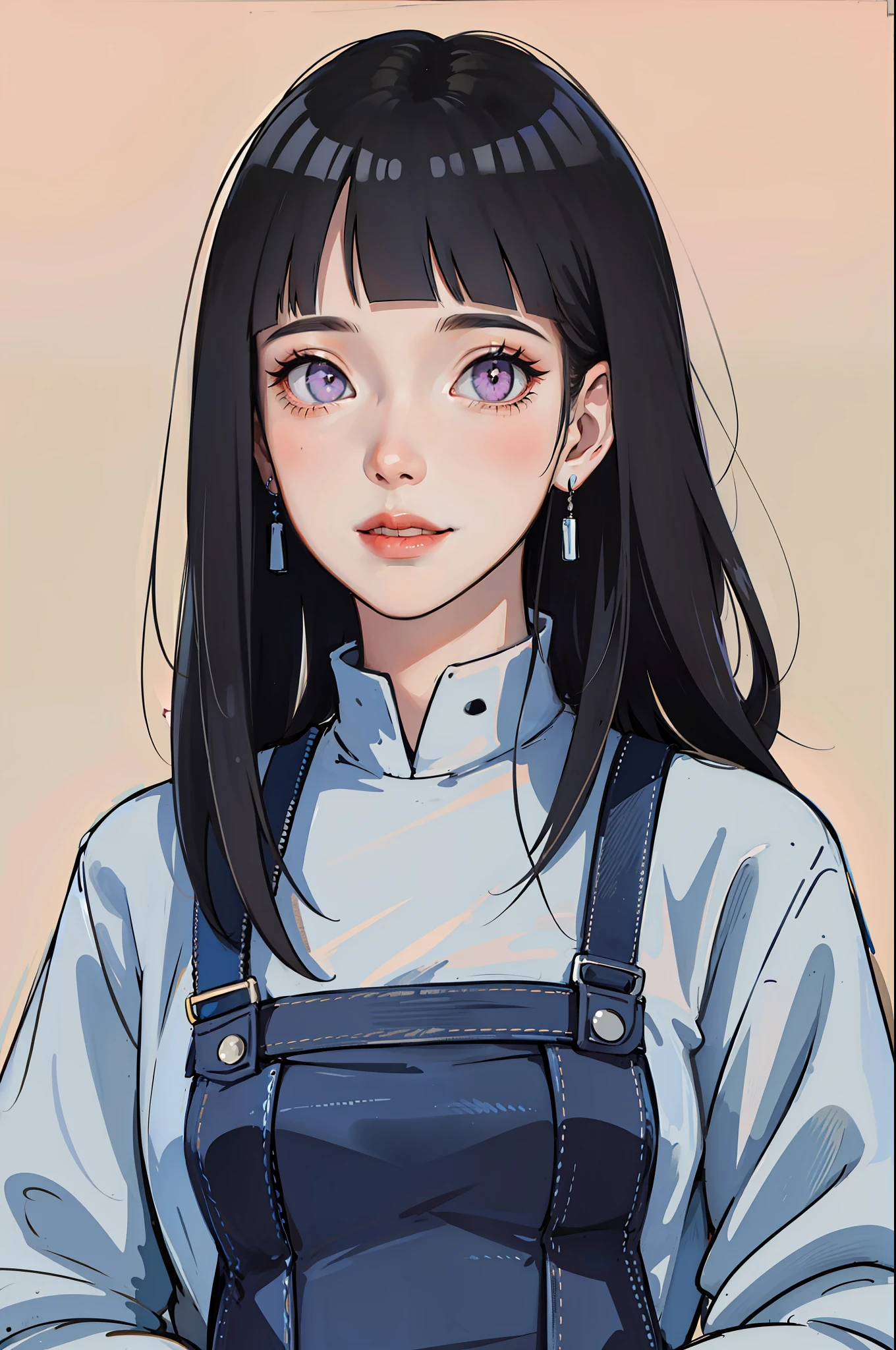 (Portraits:1.4), (masterpiece:1.2, best quality:1.2), from front, all body, full body
1girl, Look at viewer, face and body focus, extremely detailed character, extremely detailed clothes, good-looking, make up, standing, (((overall jeans))), white shirt inner, earrings, (((blunt bangs))), ((long hair)), hinata/(boruto/), big purple eyes, smile, detailed lips