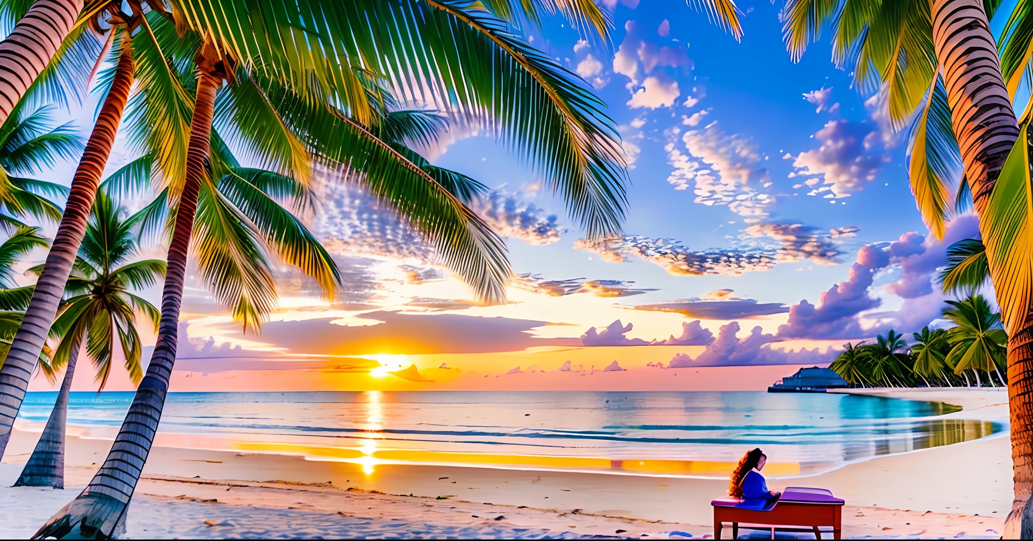 A MORE HUMANIZED WOMAN POSSIBLE LYING ON THE PIANO KEYBOARD. IN THE BACKGROUND A MESMERIZING BEACH on the beach, with a mixture of orange, pink and yellow AND LILAS in the sky. The water is crystal clear, gently kisses the coast and the white sand is endless. The scene is dynamic and breathtaking, with sailing boats and palm trees. Immerse yourself in the calm atmosphere and let the serenity surround you. --auto --s2