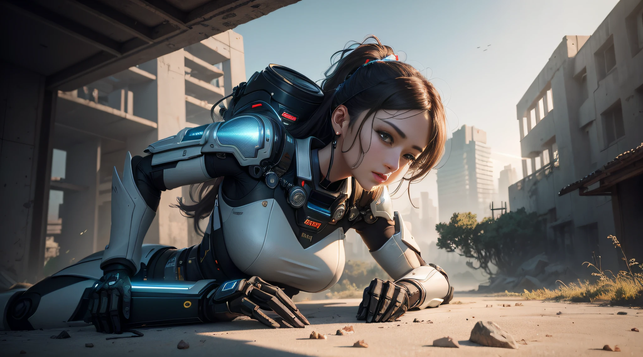 ((Best quality)), ((masterpiece)), (highly detailed:1.3), 3D,Shitu-mecha, beautiful cyberpunk women with her mecha in the ruins of city from a forgoten war, ancient technology,HDR (High Dynamic Range),Ray Tracing,NVIDIA RTX,Super-Resolution,Unreal 5,Subsurface scattering,PBR Texturing,Post-processing,Anisotropic Filtering,Depth-of-field,Maximum clarity and sharpness,Multi-layered textures,Albedo and Specular maps,Surface shading,Accurate simulation of light-material interaction,Perfect proportions,Octane Render,Two-tone lighting,Low ISO,White balance,Rule of thirds,Wide aperature,8K RAW,Efficient Sub-Pixel,sub-pixel convolution,luminescent particles,light scattering,Tyndall effect