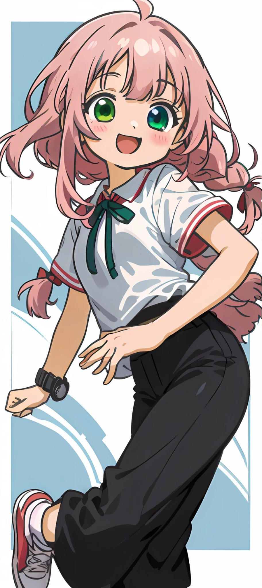 One Beautiful Girl, (Heterochromia, Blue and Green Eyes: 1.8), Shining Eyes, (Illustration: 1.1), (Chibi: 1.5), (Masterpiece, Super Detail, Best Quality, 8K, Kyoto Animation Animation Illustration)), (Caregiver, Cute Girl, Big, Solo, Watch Viewer, Upper Body, Front, Cute Open Mouth, Happy Smile: 1.3), (Loli: 1.2), ( Cute: 1.5), (red short sleeve polo shirt and black tight long pants, long heat tech inner shirt: 1.5), (footwear: sneakers), (pale pink hair, braid, long hair, cute ribbon: 1.1)