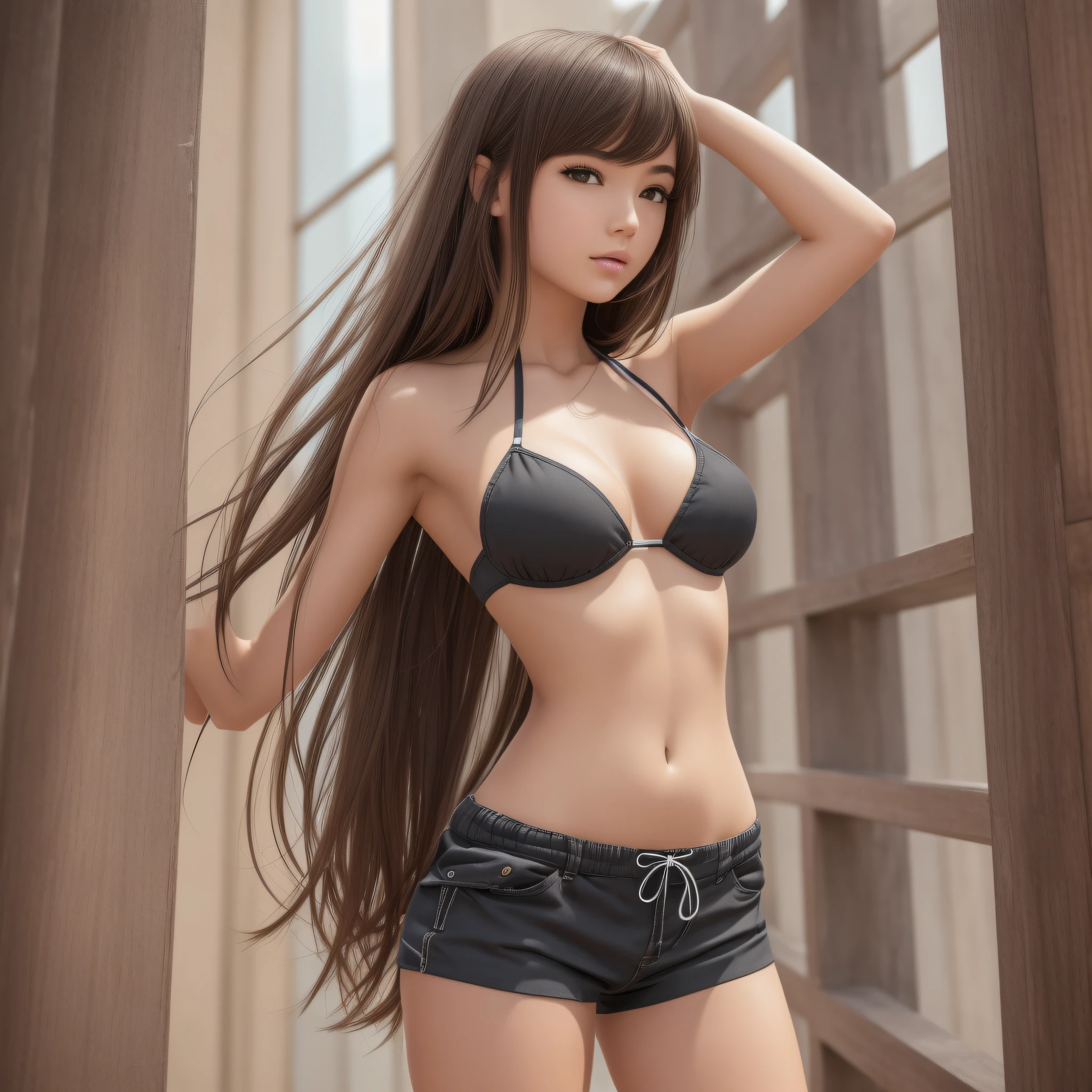 (1 girl: 1.3), Solo, ((((Highly detailed face)))), (((Full body))),((Angle from behind)))), Beautiful detail eyes, Body parts__, Official Art, Unified 8k wallpaper, Ultra Detail, SeaArt Bot Txt2Img 2023/06/13 22:22:10 ((Best Quality, 8k, Masterpiece: 1.3)), Slender Beautiful Girl: 1.3, longitudinal navel, bikini, ((((shorts)))), attractive thighs,