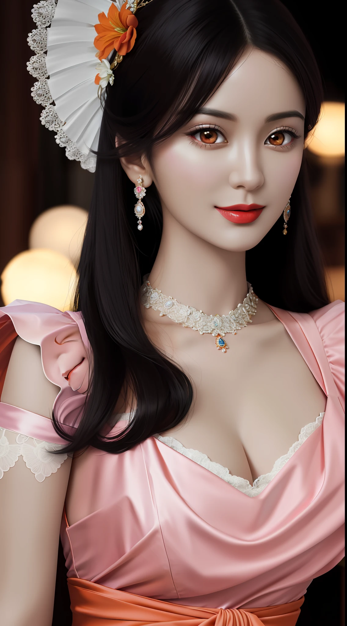 1 beautiful adult princess , looking at viewer, upper body, realistic,real girl, gentle girl, Girly, smooth pink and white skin, Front bangs, large breasts and round, excessively frilled princess dress, draped clothes, flawless face, jewelry, high nose, ornament, flower, lace trim, beautiful big and round orange eyes, sharp eyebrows, very sharp and detailed peacock eyelashes and makeup,orange red lipstick, Smile without opening your lips, long silky black hair and jewelry clips, masterpiece, best quality, 8k, detailed skin texture, detailed cloth texture, beautiful detailed face, intricate details, ultra detailed, rim lighting, side lighting, cinematic light, ultra high res, 8k uhd, film grain,best shadow, delicate, RAW photo, detailed and clear images, extremely sharp images,