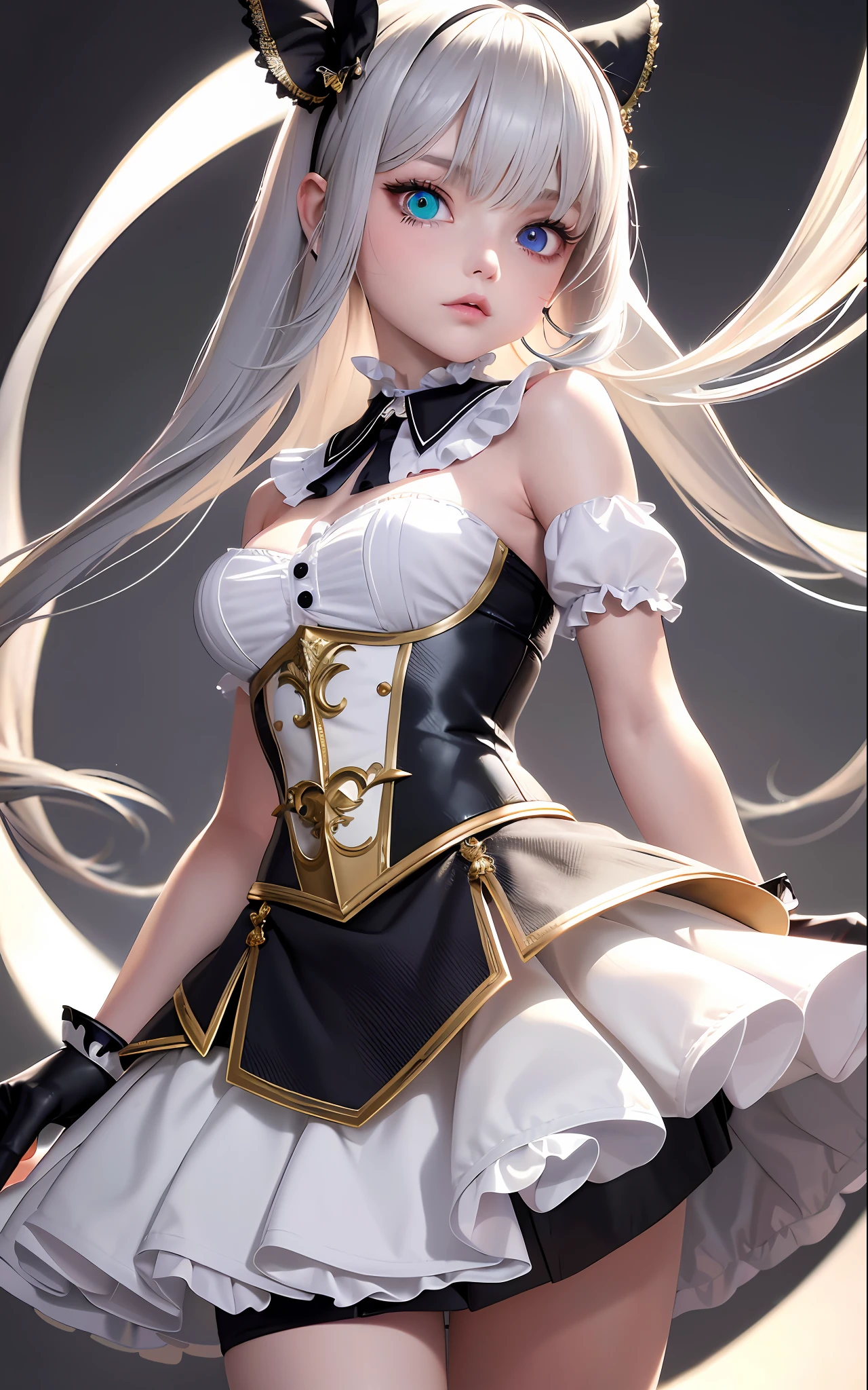 Superb Style, Masterpiece, High Resolution, Best Quality, UHD, Super Detail, Award-Awarded, 16k, (upper body), A beautiful girl, Gray hair, Hair, ((Heterochromia)), Hanging eye corners, Fair skin, (Small breasts), (Slim Figure), ((Skirt)), (Ribbon collar), (Short gloves as short as half a palm)