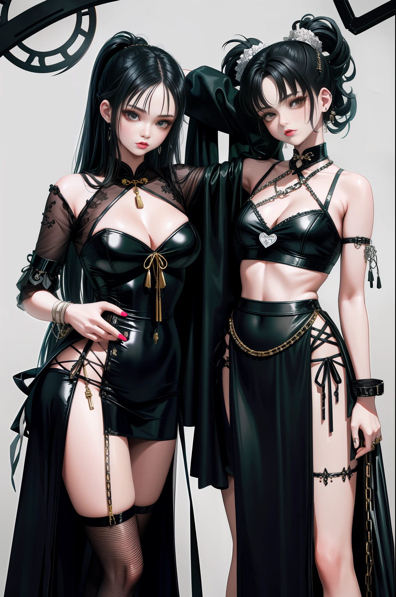 Close-up of three women in different costumes on white background, grunge style, grunge aesthetics, !!!, grunge aesthetics!!! (, sexy gloomy style, grunge aesthetics, grunge fashion, grunge punk rock, Y2K style, y 2 k style, punk style, this set style, gothic style, retro aesthetic, 90s style, retro look, standing, cheongsam, chains,