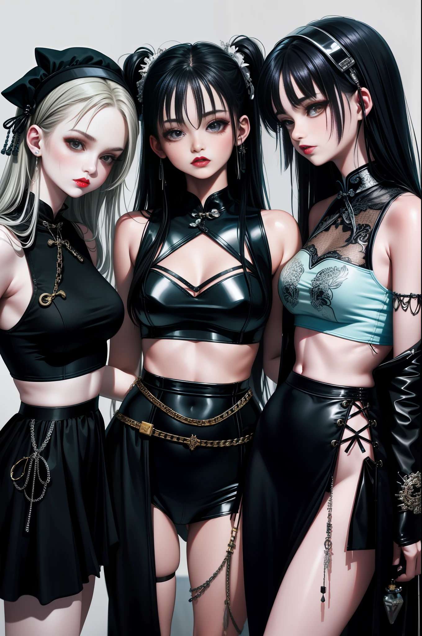 Close-up of three women in different costumes on white background, grunge style, grunge aesthetics, !!!, grunge aesthetics!!! (, sexy gloomy style, grunge aesthetics, grunge fashion, teen grunge punk rock, Y2K style, y 2 k style, punk style, this set style, gothic style, retro aesthetic, 90s style, retro look, standing, cheongsam, chains,