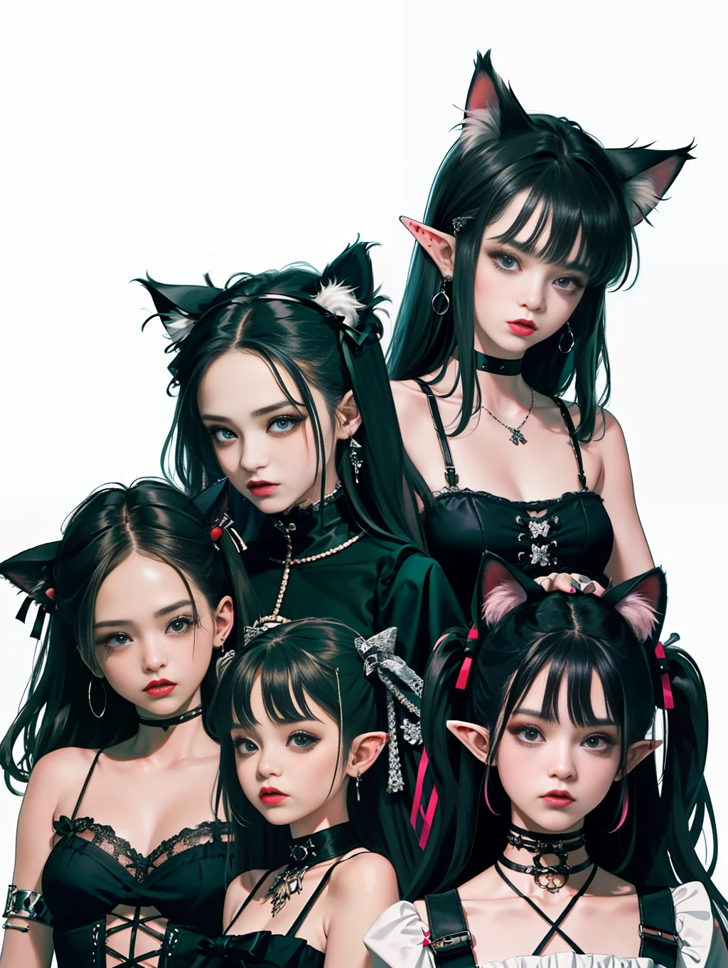 Close-up of three women in different costumes on white background, grunge style, grunge aesthetics, !!!, grunge aesthetics!!! (, sexy gloomy style, grunge aesthetic, grunge fashion, teen grunge punk rock, Y2K style, y 2 k style, punk style, this set style, gothic style, retro aesthetic, 90s style, vintage look, bow, bow!!! Bow !!! Cat ears, elves!! Demon, cat tail,