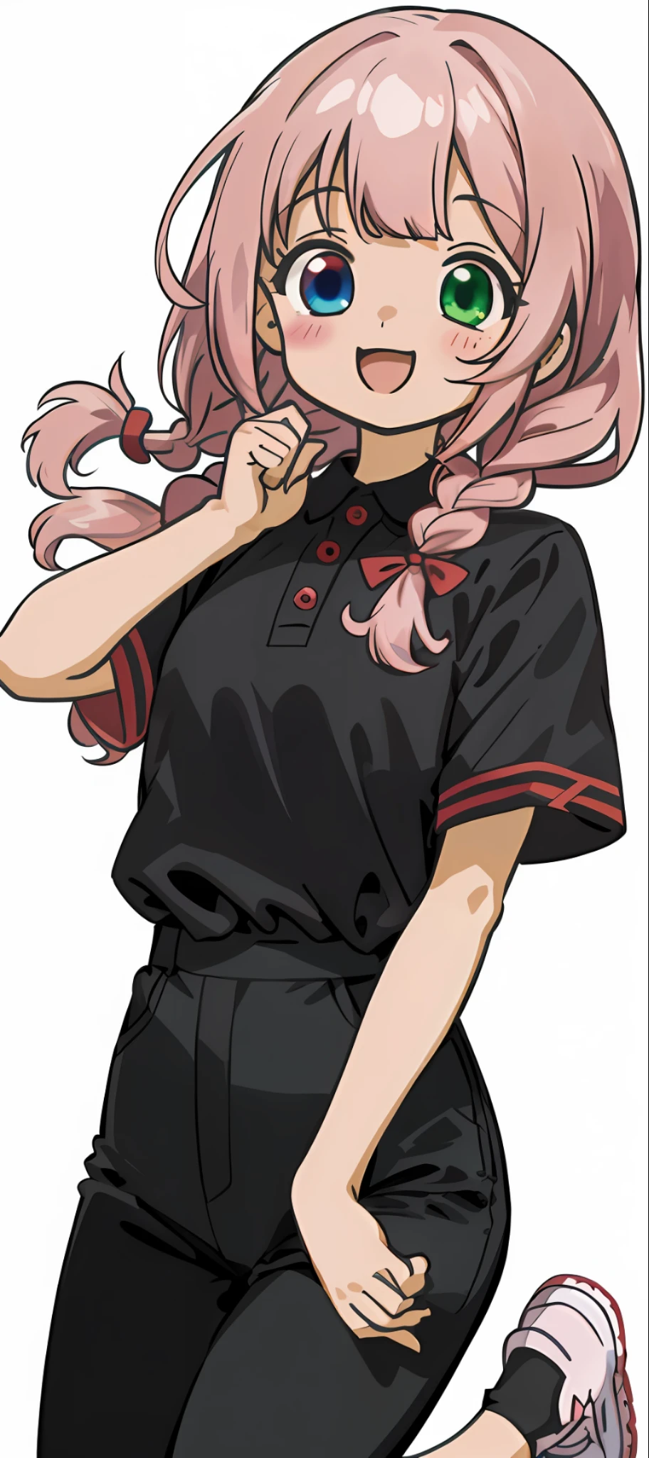 One Beautiful Girl, (Heterochromia, Blue and Green Eyes: 1.8), Shining Eyes, (Illustration: 1.1), (Chibi: 1.5), (Masterpiece, Super Detail, Best Quality, 8K, Kyoto Animation Animation Illustration)), (Caregiver, Cute Girl, Big, Solo, Watch Viewer, Upper Body, Front, Cute Open Mouth, Happy Smile: 1.3), (: 1.2), ( Cute: 1.5), (red short sleeve polo shirt and black tight long pants, long heat tech inner shirt: 1.5), (footwear: sneakers), (pale pink hair, braid, long hair, cute ribbon: 1.1)