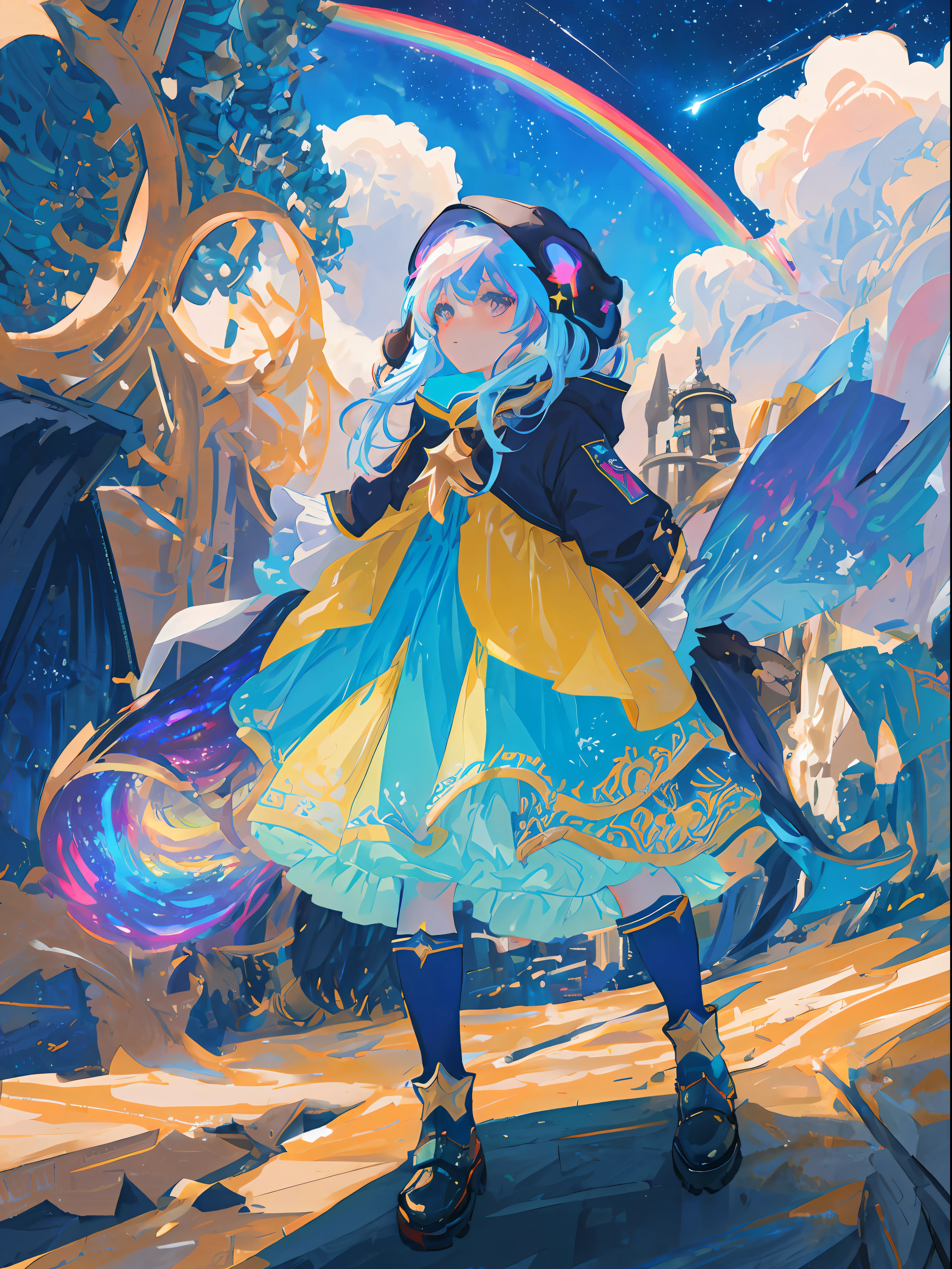 masterpiece, best quality, ultra-detailed, illustration, girls with rainbow colored hair and dresses with blue armor, sky background of cosmic nebula stars
