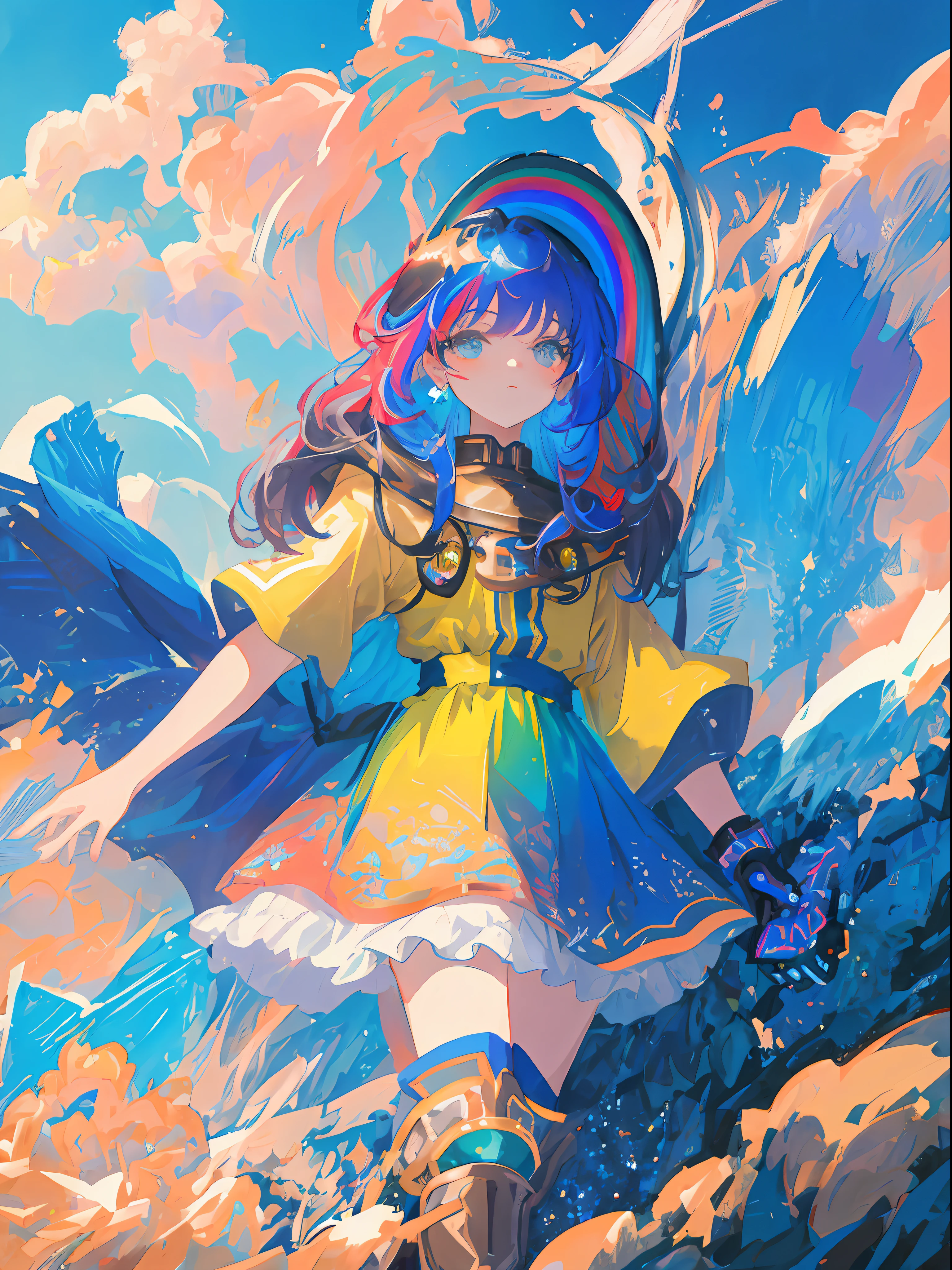 masterpiece, best quality, ultra-detailed, illustration, girls with rainbow colored hair and dresses with blue armor, sky background of cosmic nebula stars