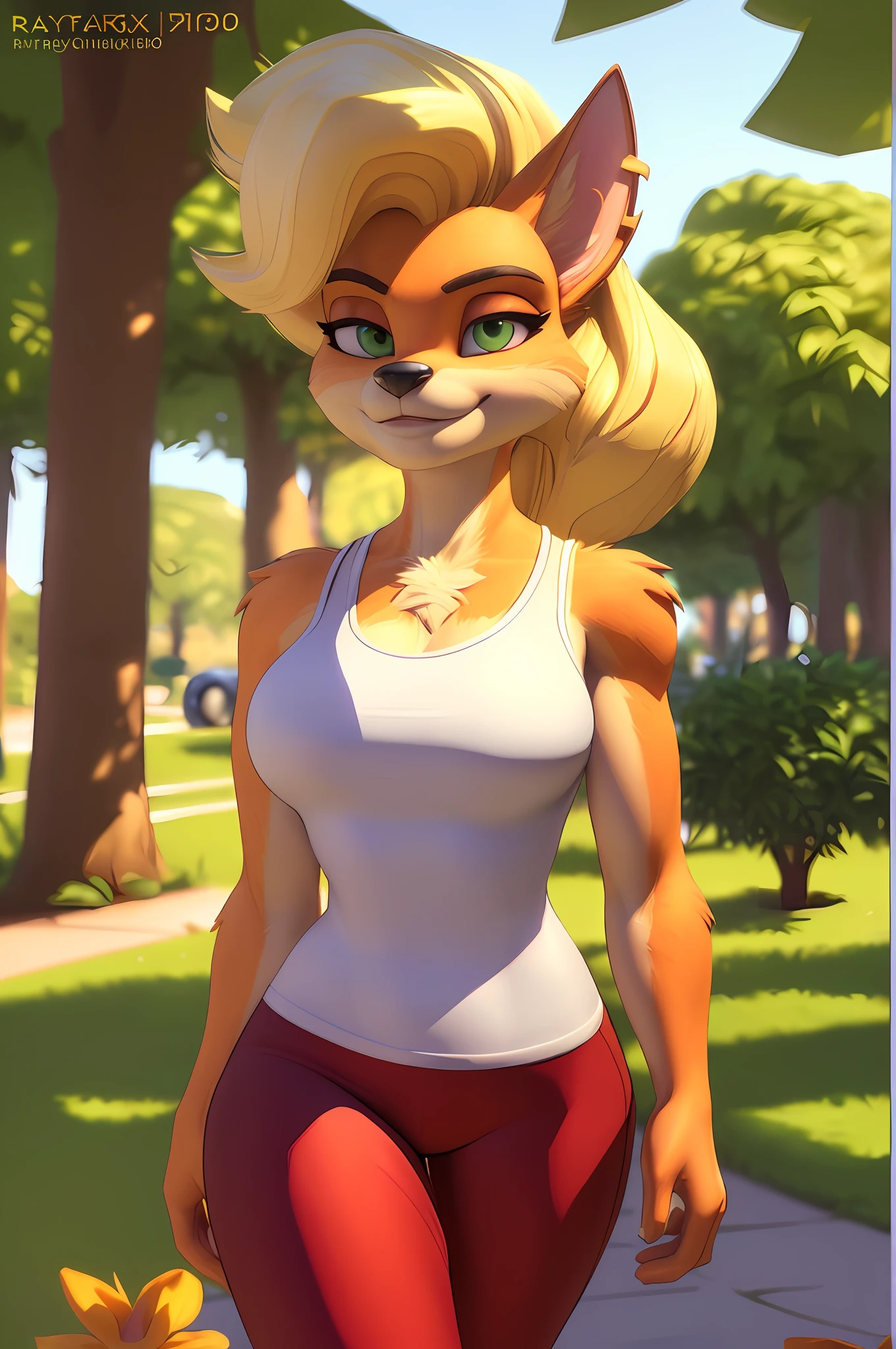 [originaltawna], [Uploaded to e621.net; (Pixelsketcher), (wamudraws)], ((masterpiece)), ((solo portrait)), ((furry; anthro)), ((detailed fur)), ((raytracing)), ((detailed shading)), ((beautiful 3D art)), {anthro; (orange fur, black nose, pointed ears, long blonde hair), beautiful green eyes, happy smirk, (white tank top, small boobs, red yoga pants)}, (walking; attractive pose), [background; park; (trees, sidewalk, sun rays through leaves), flowers]