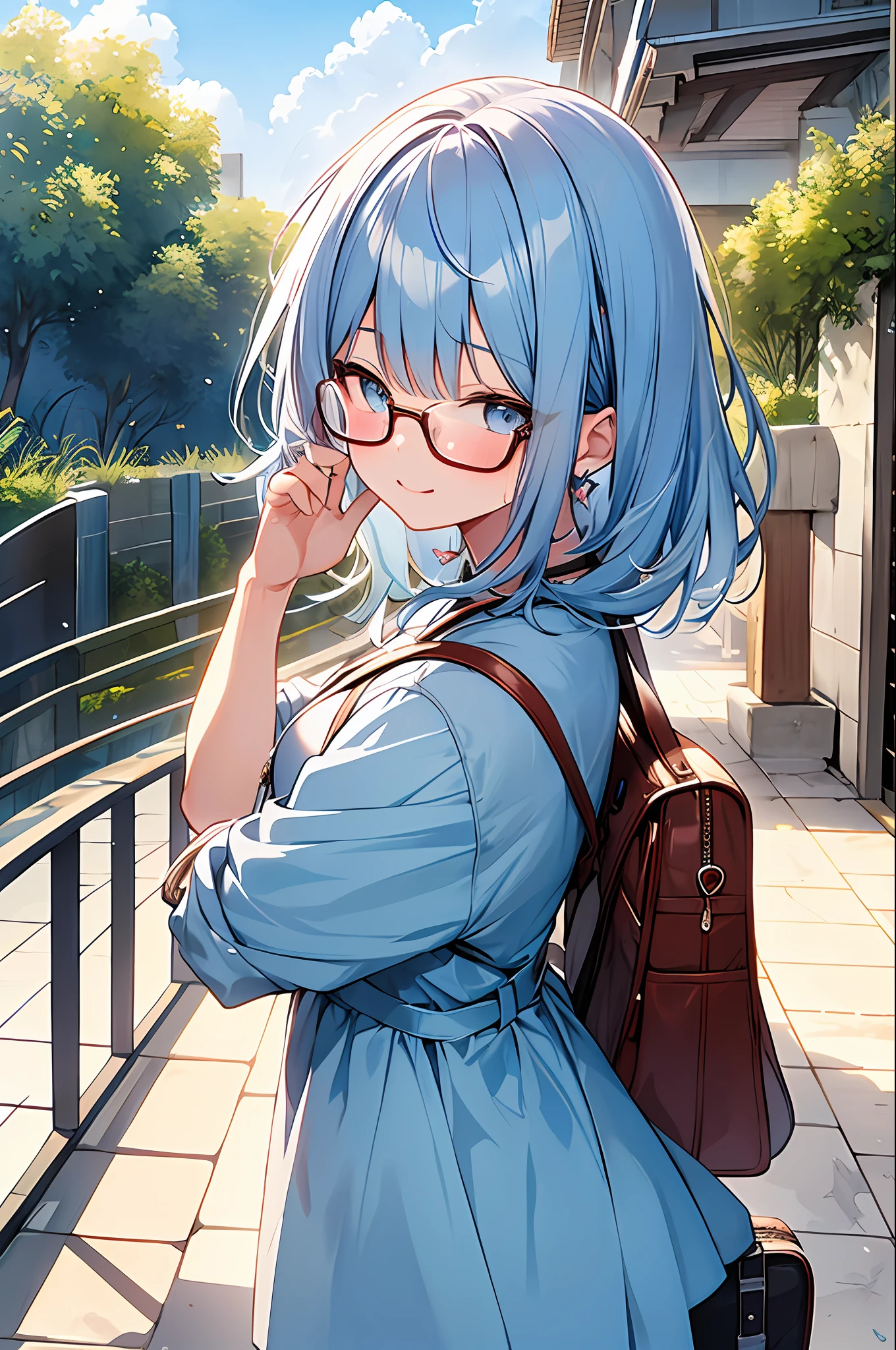 (Masterpiece, Top Quality, Best Quality, Watercolor (Medium), Official Art, Beautiful and Aesthetic: 1.2), (1 Girl: 1.3), (Fractal Art: 1.3), Full Body, Star-shaped Pupil, Viewer's Look, Pattern, (Blue Hair, Light Blue Hair, Half Blue and Half Light Blue Hair: 1.2), Clouds, Colorful, Sun, Sunlight, Cheeks Red, Smile, Glasses, Wet, School Uniform, (1 Student Bag)