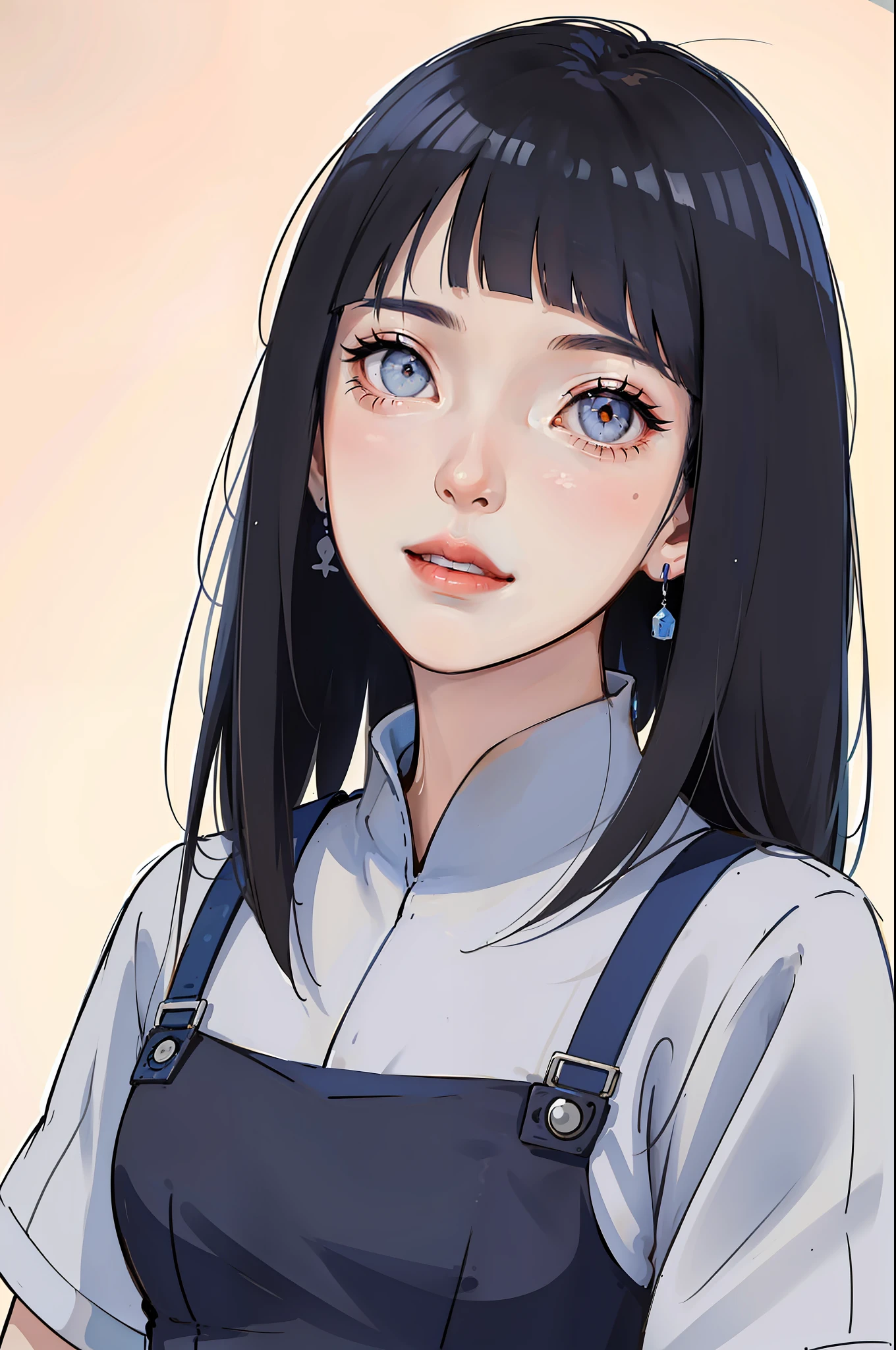 (Portraits:1.4), (masterpiece:1.2, best quality:1.2), from front, all body, full body
1girl, Look at viewer, face and body focus, extremely detailed character, extremely detailed clothes, good-looking, make up, standing, (((overall blue))), white shirt inner, earrings, (((blunt bangs))), ((long hair)), hinata/(boruto/), smile, detailed lips