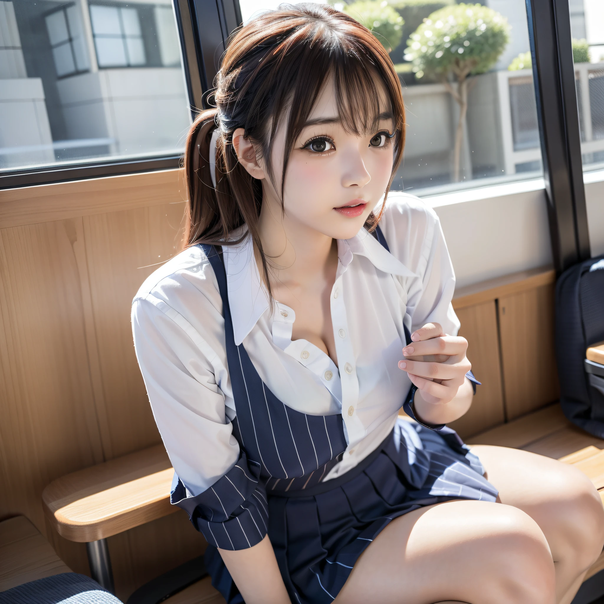 araffe asian woman sitting on a bus seat with her legs crossed, japanese girl school uniform, wearing japanese school uniform, japanese school uniform, realistic young gravure idol, a hyperrealistic schoolgirl, portrait of a japanese teen, cute schoolgirl, young pretty gravure idol, hyperrealistic schoolgirl, young gravure idol, anime girl in real life