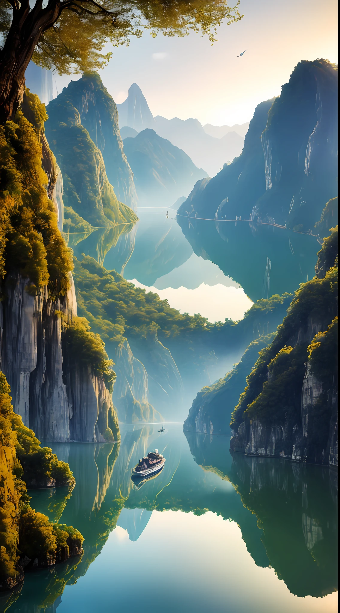 Masterpiece, best quality, high quality, extremely detailed CG unity 8k wallpaper, landscape, outdoors, no humans, sky high, strong wind, apes chirping in the mountains. The lake is clear, the beaches are white, and egrets fly in the air. The endless forest has fallen leaves and made a rustling sound. The Yangtze River Flows Forward, No End, Award-Winning Photography, Background Bokeh, Depth of Field, HDR, Bloom, Color Aberration, Realism, Very Detailed, Trends on Artstation, Trends on CGsociety, Intricate, High Detail, Dramatic, Midway Art