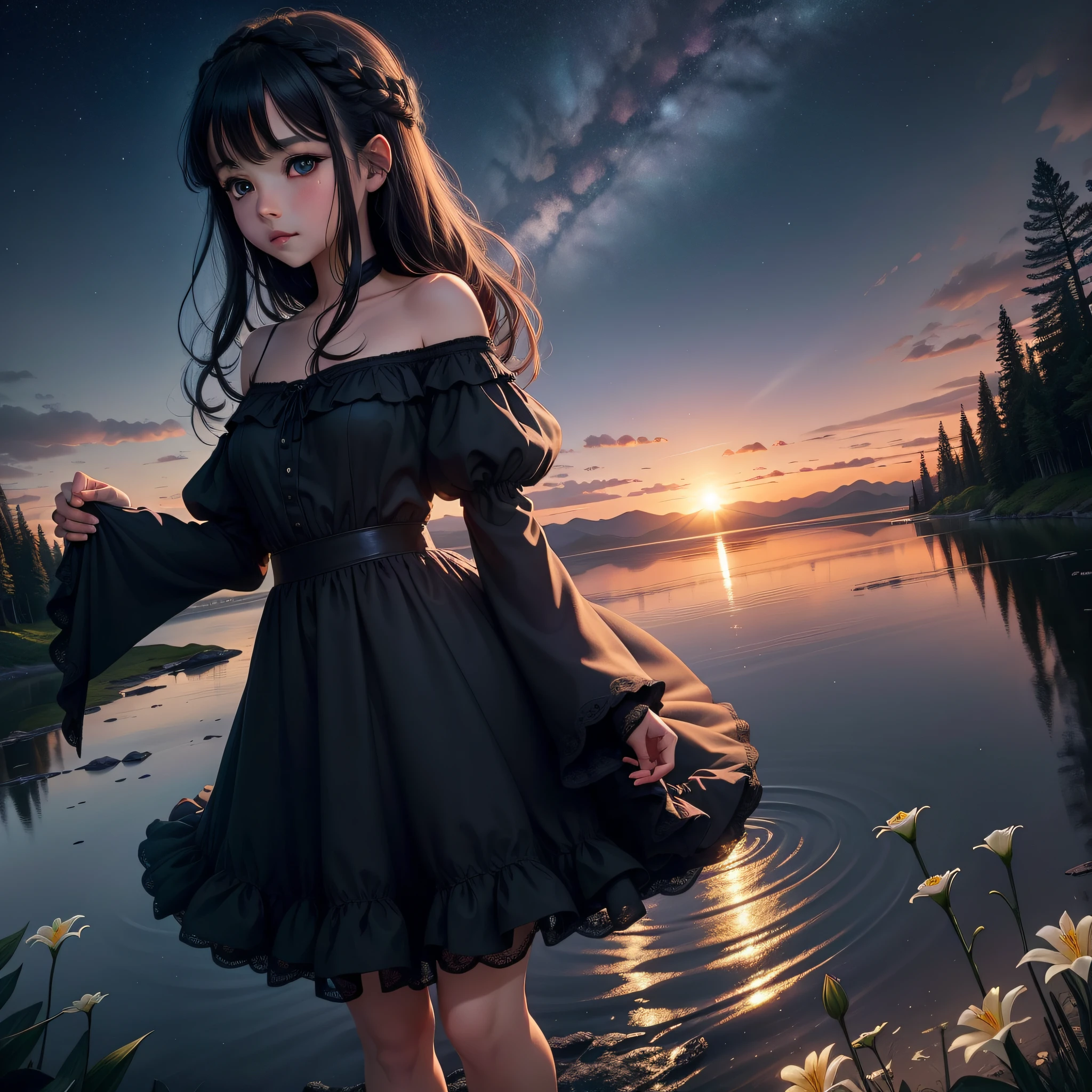 In the enchanting continuation of Lily's journey, her dreams continued to unfold with dazzling surprises and captivating discoveries. As the sun plunged over the horizon, casting a velvety darkness over the earth, Lily found herself transported to a world unlike any she had ever encountered before.
She stood on the edge of a shimmering lake, its surface reflecting the starry sky above. The air was thick with an unearthly energy, and a gentle breeze whispered secrets in his ear. As she took her first step into the sparkling waters, Lily felt a lightness that transcended the limits of the physical realm.
Anime girl with blue eyes, with black hair