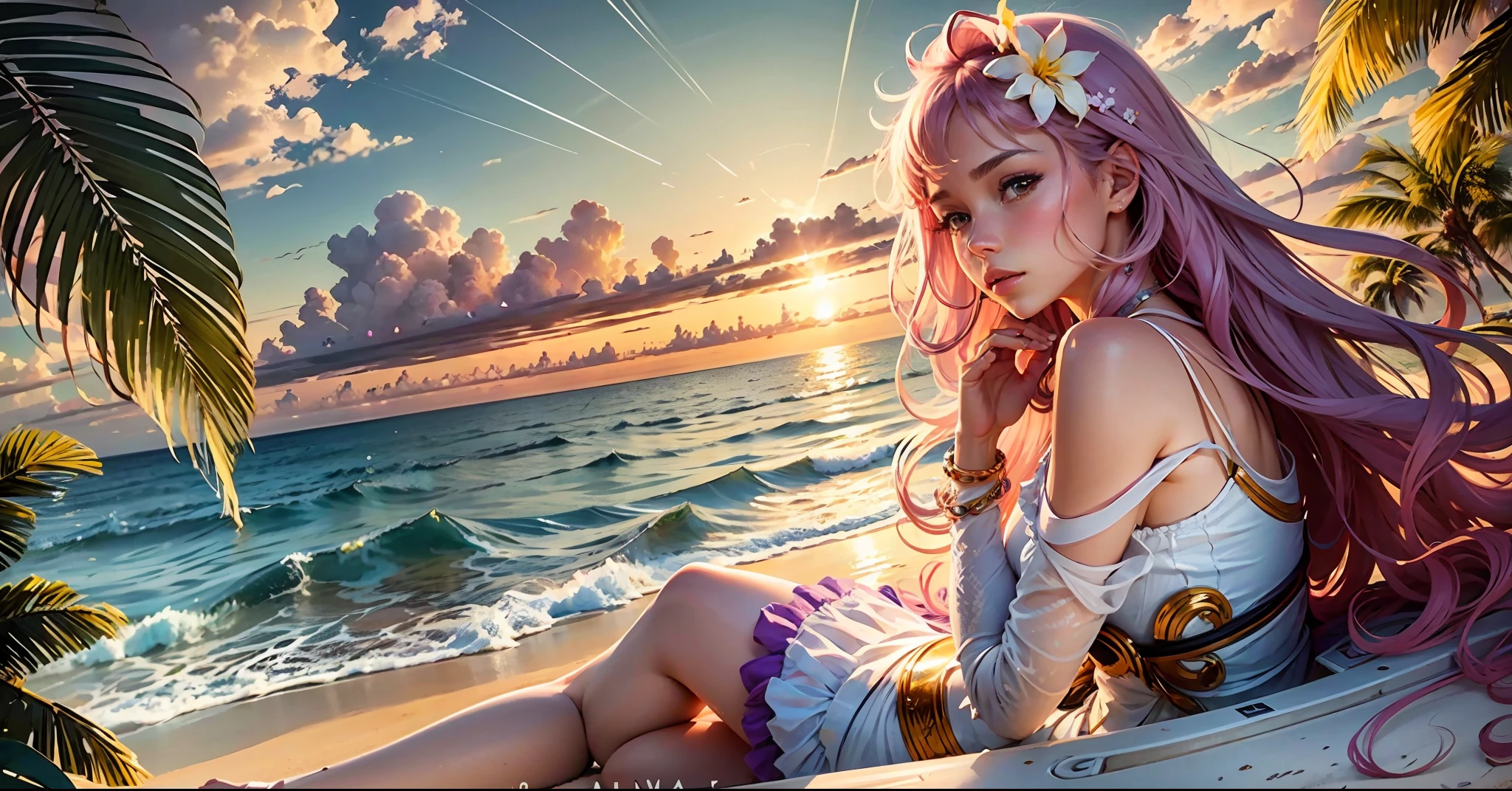 A MORE HUMANIZED WOMAN POSSIBLE LYING ON THE PIANO KEYBOARD. IN THE BACKGROUND A MESMERIZING BEACH on the beach, with a mixture of orange, pink and yellow AND LILAS in the sky. The water is crystal clear, gently kisses the coast and the white sand is endless. The scene is dynamic and breathtaking, with sailing boats and palm trees. Immerse yourself in the calm atmosphere and let the serenity surround you. --auto --s2
