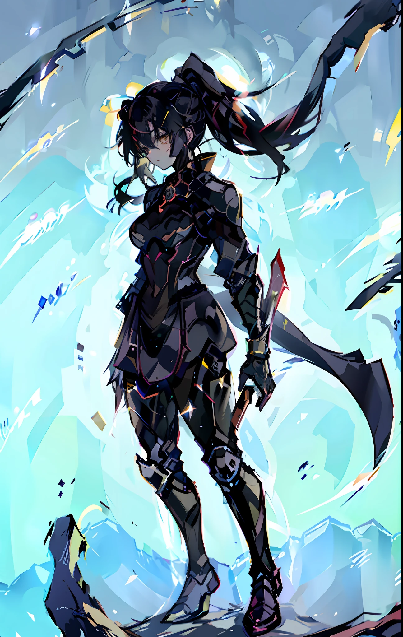 ((Girl)), ((Gorgeous bloody night sky with golden blades on the ground, Background)), ((Ultra Definition)), ((Best Illustration)), ((Cinematic Lighting)), Dynamic Angle, Floating, Detail, (Glitter: 1.2), (Shine: 1.2), (Shine: 1.2), Classic, (Paint: 1.1), (Sketch: 1.1), (Best Quality), (Masterpiece: 1.2), (Anime-style), ( Solo), Beautiful Detail Face, (Big Eyes: 1.3), black Hair, (ponytail Hair: 1.2), (Floating Hair: 1.2),Detailed Costumes, (Shining Sword: 1.3), (Magic Effects: 1.3), (Cute Boots: 1.1),, big breasts, full body, (black and red samurai armor), (yellow eyes) , (yellow horns) , crystal blades floating around her