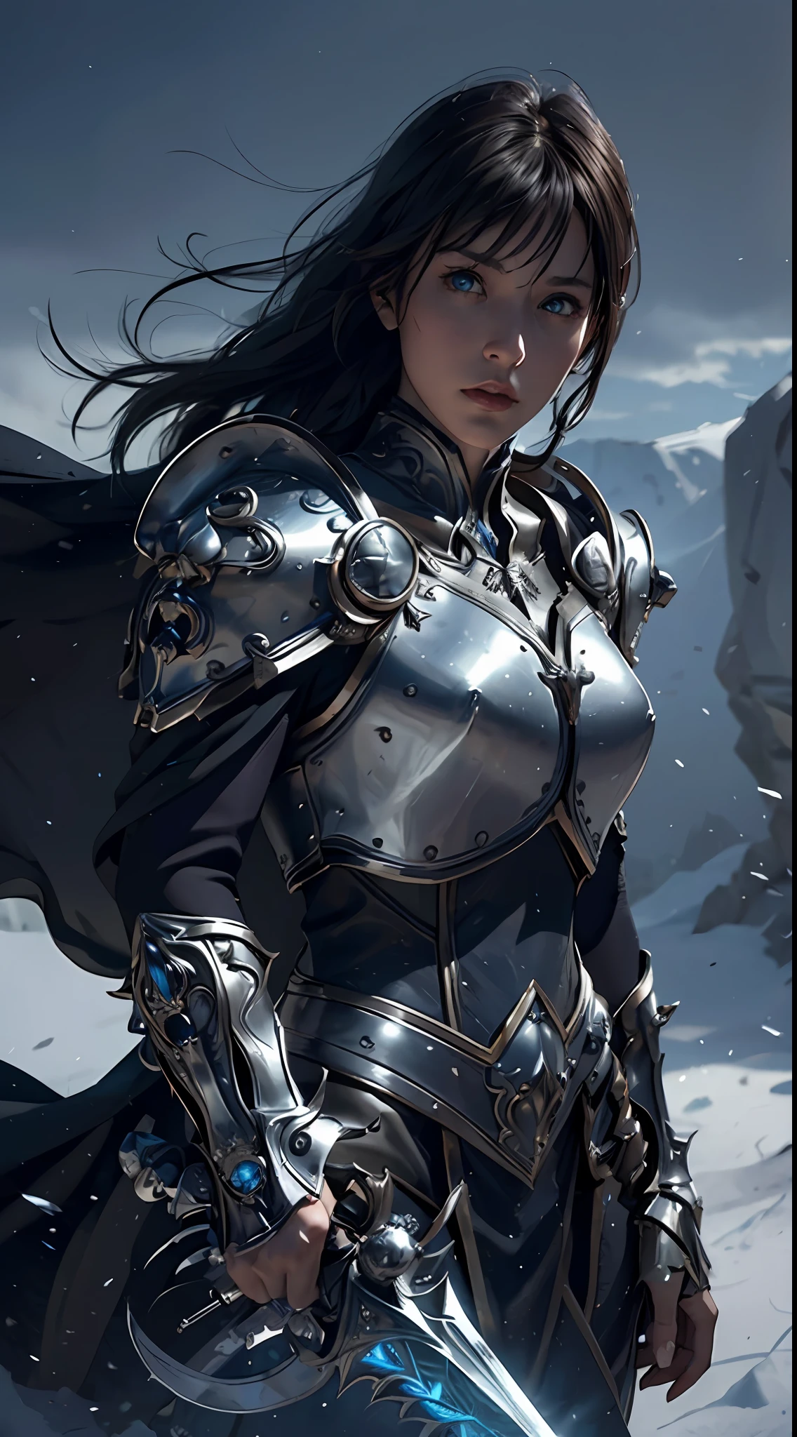 8k,ultra detailed, masterpiece, best quality, (extremely detailed), dynamic angle, Mysterious expression, wind effect, fantasy background, rim lighting, cinematic light, ultra high res, 8k uhd, film grain,best shadow, delicate, RAW, light particles, detailed skin texture, detailed armor texture, detailed face, intricate details, ultra detailed, bright, strong, silver armor, (holding weapon), slashing, slash action, pauldrons, glowing eyes, long cape, fantasy, (realistic), shoulder armor, complex, intricate, perfect lighting, looking at viewer, cinematic lighting, flying in sky,flying, holy light, vivid, bangs, windy, ((2 woman in battle))