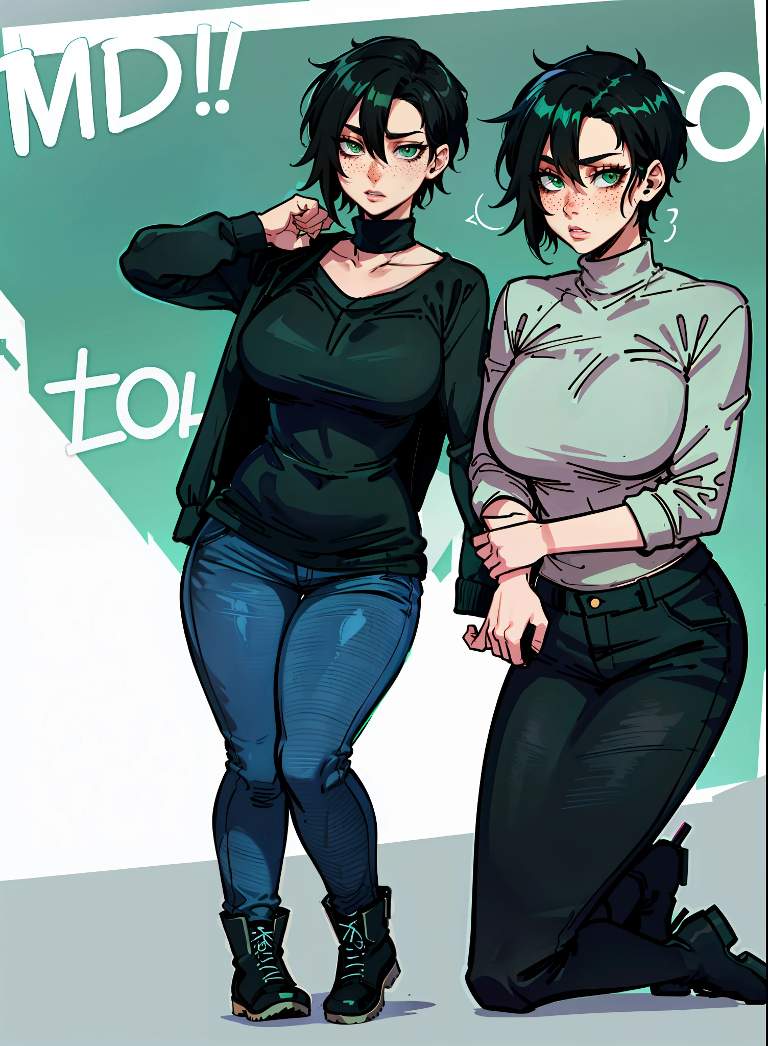 1woman, 1girl, solo woman, 1 person, single person, woman with a black baggy shirt and blue jeans, full body portrait of a short!, urban girl fanart, !!full body portrait!!, fullbody portrait, full body character portrait, wearing casual clothes, full-body character portrait, detailed full body portrait, character full body portrait, full body illustration, anime full body illustration, anime style character, short brown hair, combat boots, green eyes, Black sweater, freckles, hoop earings, loose sweater, baggy sweater, color black, oversized sweater, ((lewd)) ((sexy))