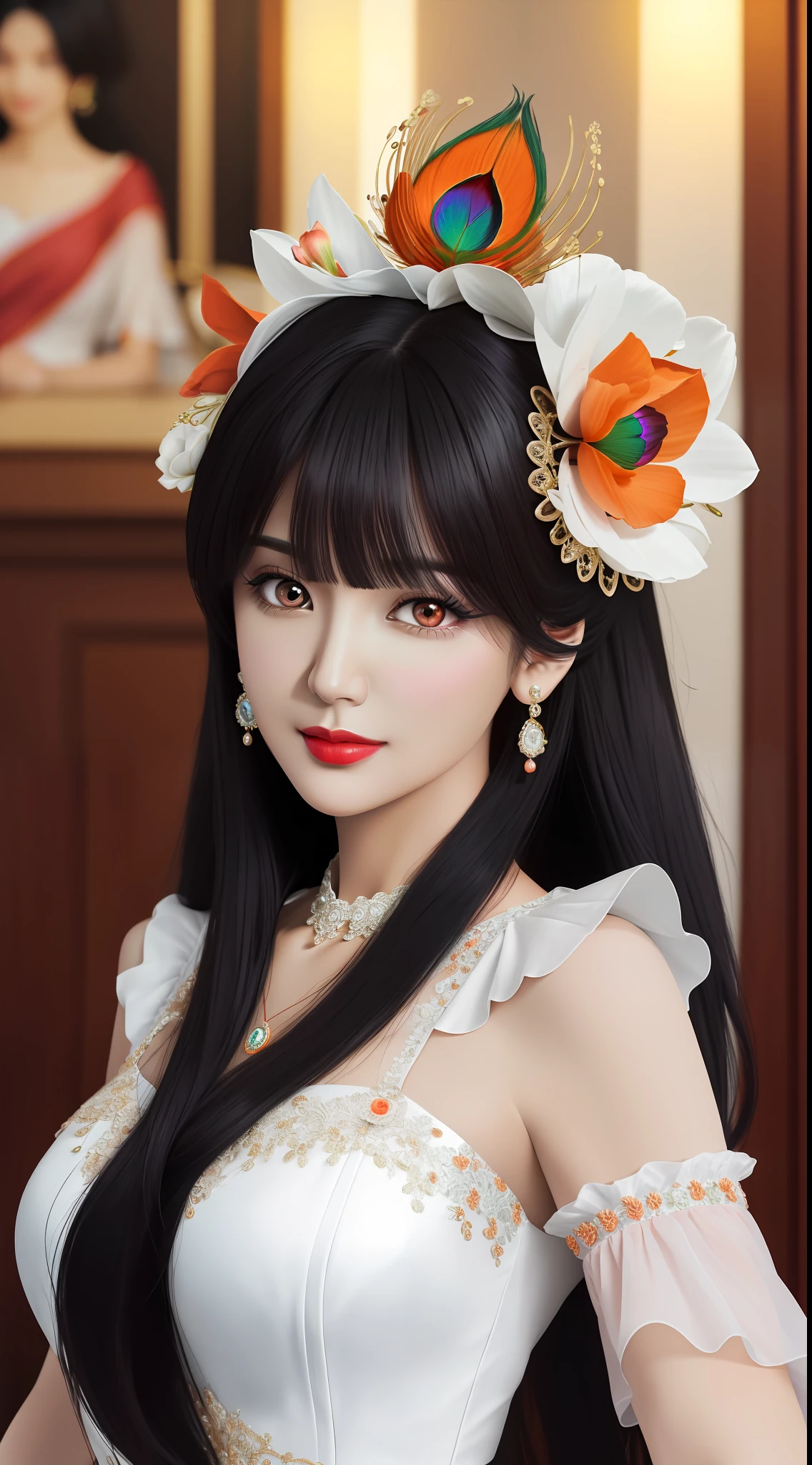 1 beautiful adult princess , looking at viewer, upper body, realistic,real girl, gentle girl, Girly, smooth pink and white skin, Front bangs, large breasts and round, excessively frilled princess dress, draped clothes, flawless face, jewelry, high nose, ornament, flower, lace trim, beautiful big and round orange eyes, sharp eyebrows, very sharp and detailed peacock eyelashes and makeup,orange red lipstick, Smile without opening your lips, long silky black hair and jewelry clips, masterpiece, best quality, 8k, detailed skin texture, detailed cloth texture, beautiful detailed face, intricate details, ultra detailed, rim lighting, side lighting, cinematic light, ultra high res, 8k uhd, film grain,best shadow, delicate, RAW photo, detailed and clear images, extremely sharp images,