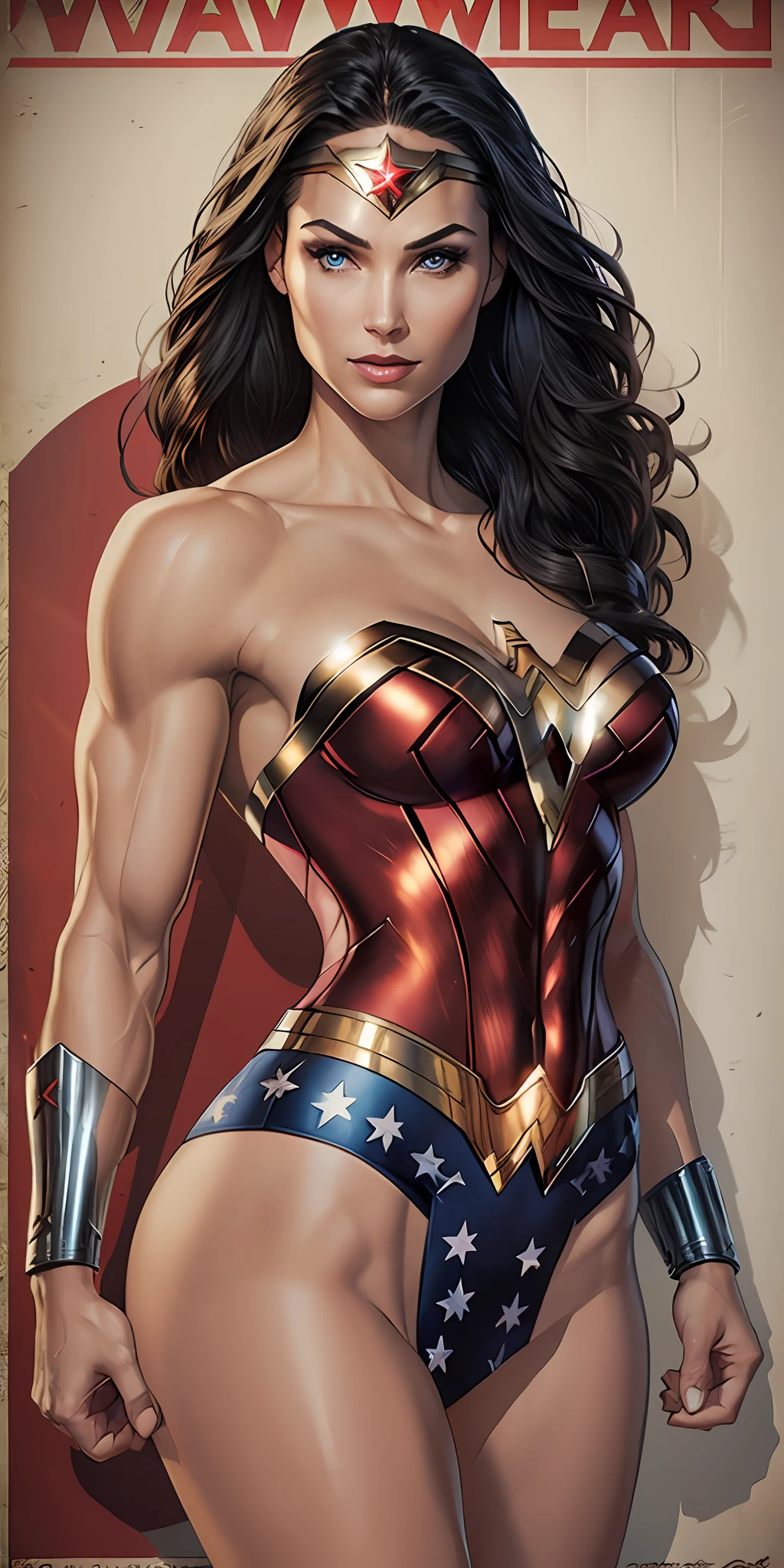 Wonder Woman, vhs effect, (poster:1.6), poster on wall, nostalgia, American propaganda poster, portrait, Wonder Woman, (Intricate details, makeup), (Delicate and beautiful delicate face, delicate and beautiful delicate eyes, perfectly proportioned face), delicate skin, strong and realistic blue eyes, realistic black hair, lips, makeup, natural skin texture, tiara, jewelry, star \(symbol\), leotard, bulletproof gauntlet, Red boots, golden belt, (public clothing: 1.5), bare shoulders, slightly sunburned complexion, mature, sexy, elastic muscles, (muscles: 1.2), ((strong and healthy body)), (((more) muscles))), long legs, curves, (big breasts: 1.3), cleavage, thin waist, soft waist, (delicate skin), (beautiful and sexy woman), (swollen lips: 0.9), (eyelashes: 1.2), very delicate muscles, perfect body, clenched fist, right arm raised, (skin texture), intricately detailed, fine details, hyperdetailed, raytracing, subsurface scattering, diffused soft lighting, shallow depth of field, by (Oliver Wetter))neon)