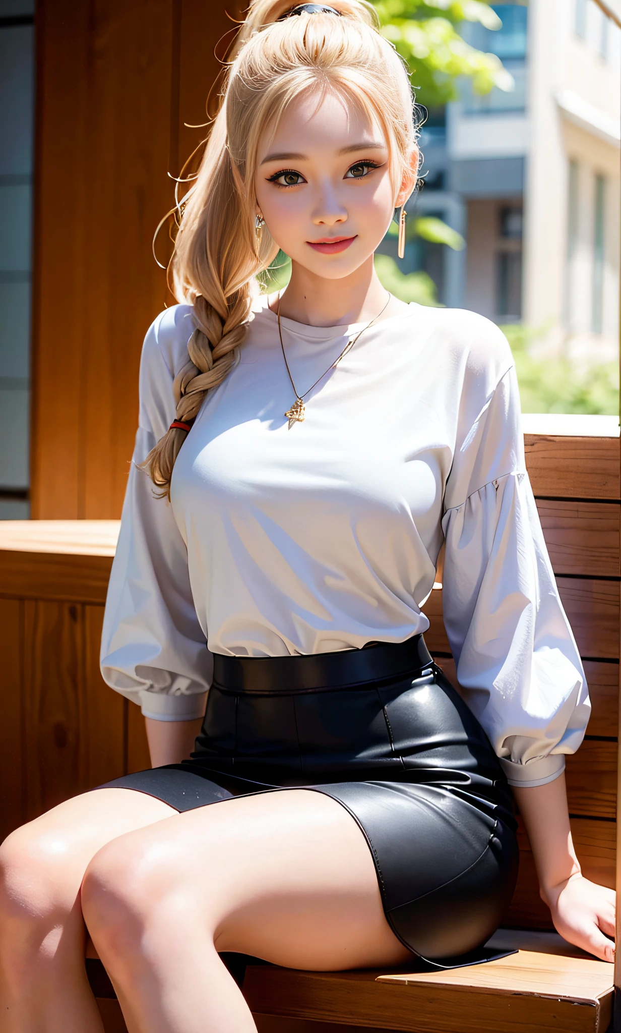 Super Delicate, Masterpiece, Beautiful Detail, Colorful, Fine Detail, Detail, Big, Beautiful Skin, Fair Skin, One Woman, (20 Years Old Beautiful Korean Woman: 1.1), (KPOP Idol, Mix), (35mm Sigma f/1.4 Zeiss Lens, F1.4, 1/800s, ISO 100, Photo: 1.1), Real (Ponytail + Blonde: 1.2) : 1.4), (Spy: 1.2), (Open jacket, light shirt blouse, super mini skirt, mini flared skirt, white pantyhose, sheer, earrings, necklace, armlets, (tavern: 1.2), (beautiful legs, tall, skinny, slim legs, thigh gap, sheer, model: 1.2), lens flare, happy smile from the front: 1.1), Dynamic pose, sitting on a bar stool (make: 1.2)