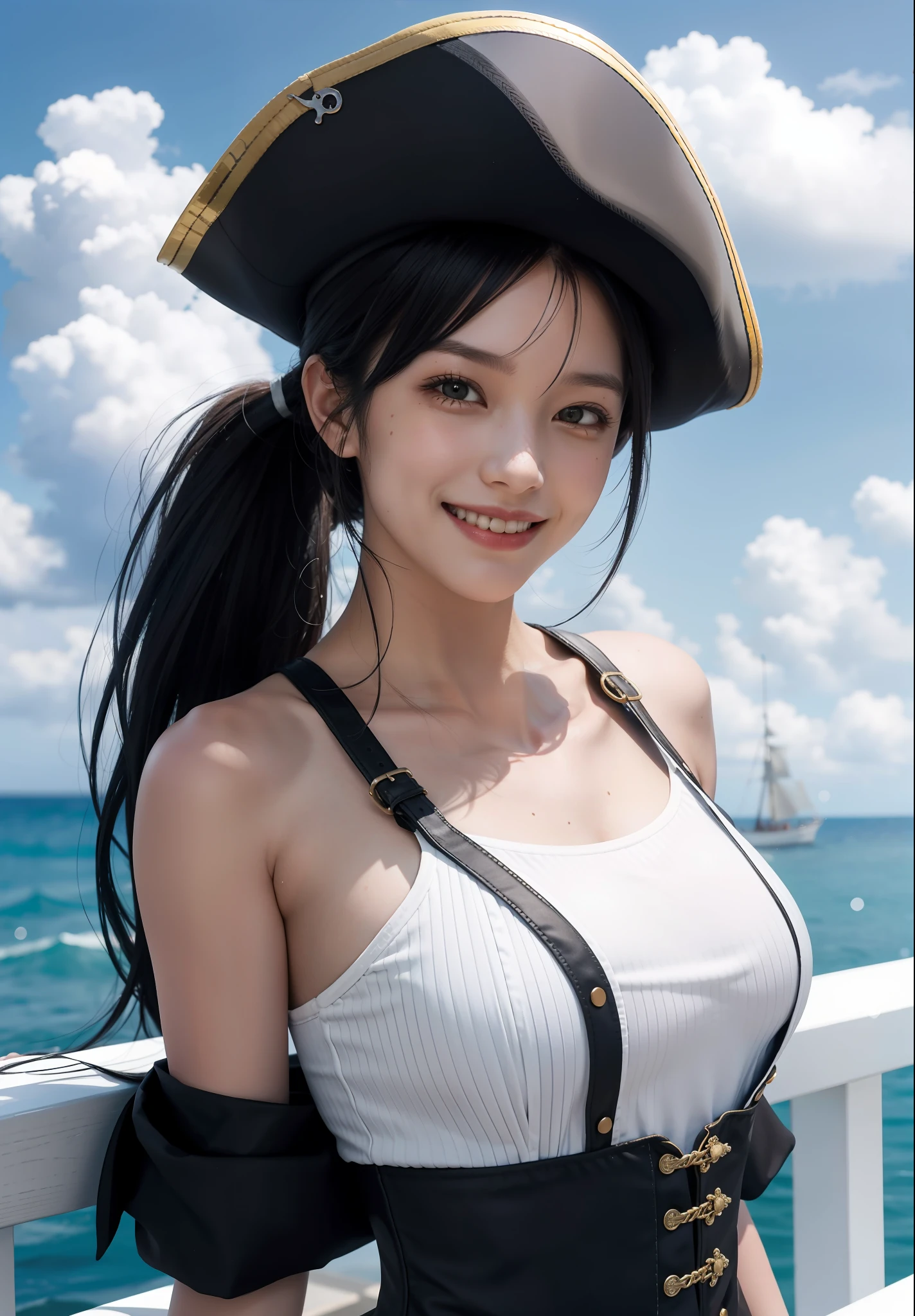 Best Quality, Masterpiece, Ultra High Resolution, (Realisticity: 1.4), Original Photo, 16 Years Old Girl, Tifa, Cinematic Lighting, Seaside, Deck, Pirate Hat, Pirate Costume, Corsplay, Pirates of the Caribbean, Cape, Sunny, Blue Sky and White Clouds, Conservative Dress, Loose Top, Bodybuilding, Fashion Girl, Pick and Dye Gradient Hair, Bangs, High Ponytail, Big Bust, Facial Focus, Smile, Upper Teeth, Sunny Smile,