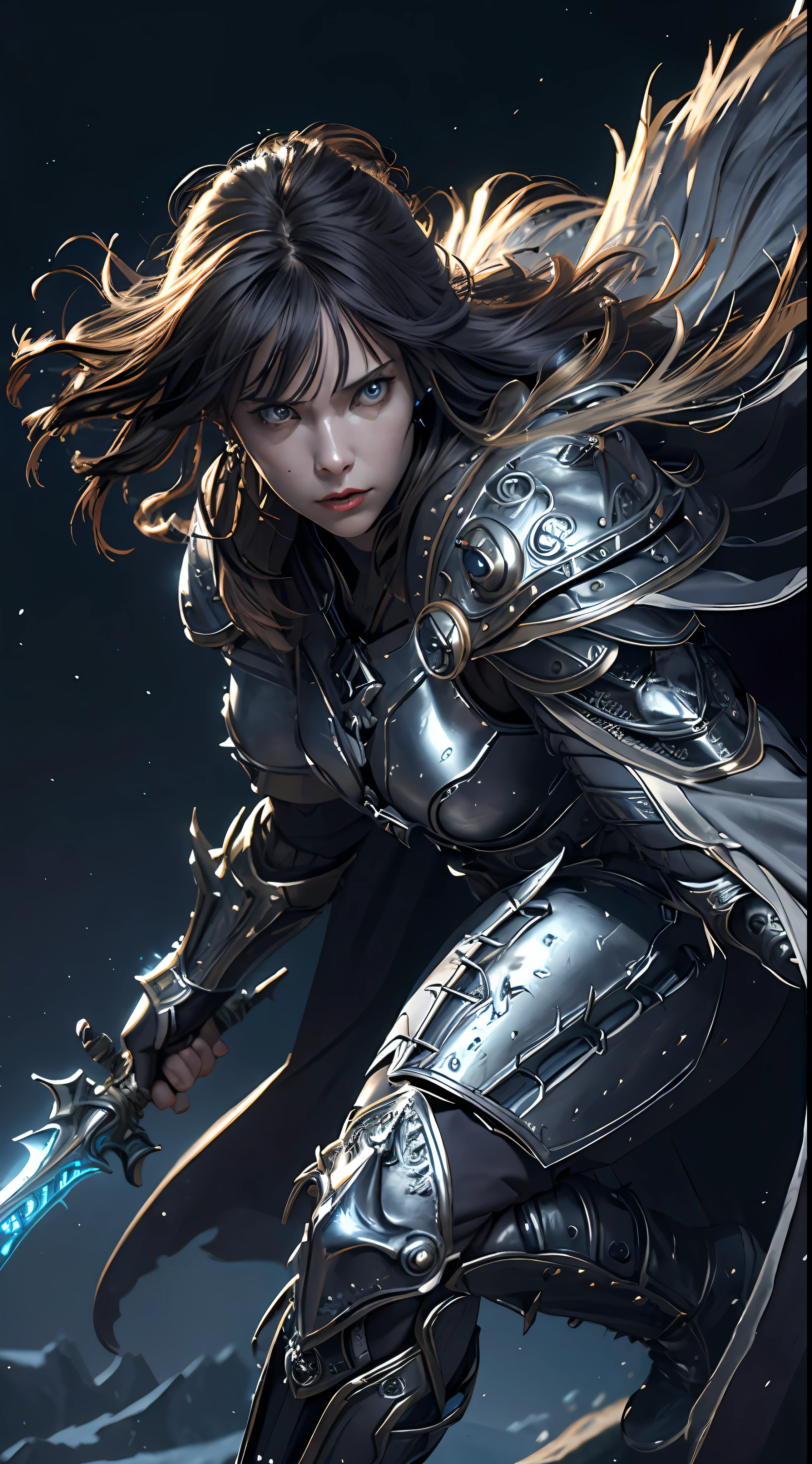 8k,ultra detailed, masterpiece, best quality, (extremely detailed), dynamic angle, Mysterious expression, wind effect, fantasy background, rim lighting, cinematic light, ultra high res, 8k uhd, film grain,best shadow, delicate, RAW, light particles, detailed skin texture, detailed armor texture, detailed face, intricate details, ultra detailed, bright, strong, silver armor, (holding weapon), slashing, slash action, pauldrons, glowing eyes, long cape, fantasy, (realistic), shoulder armor, complex, intricate, perfect lighting, looking at viewer, cinematic lighting, flying in sky,flying, holy light, vivid, bangs, windy, ((2 woman in battle))