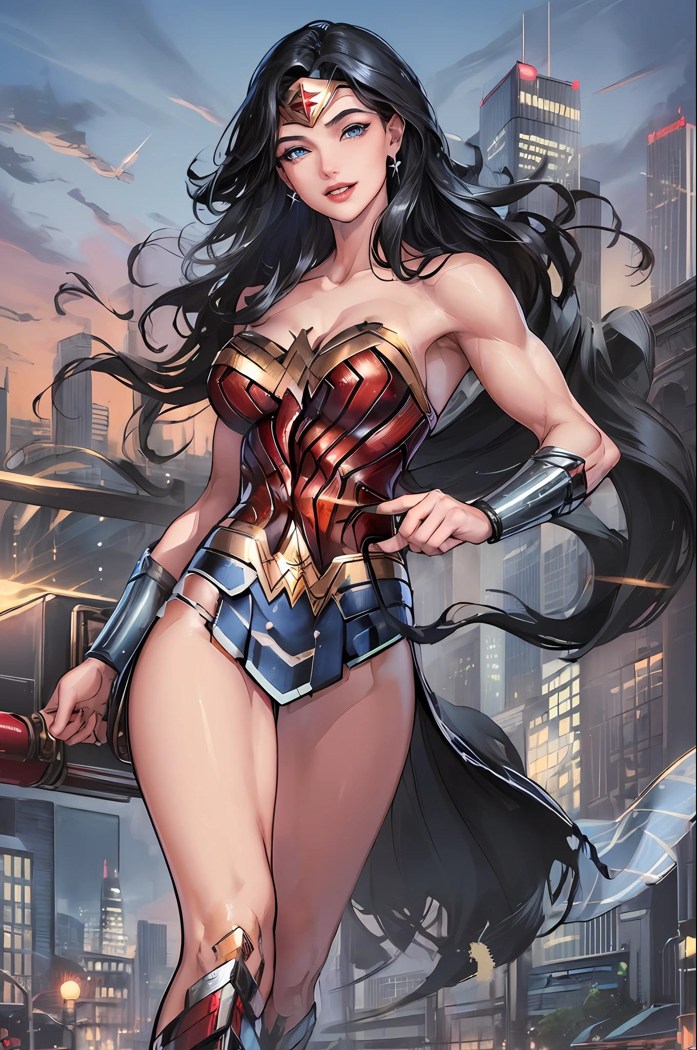 official art, masterpiece, sharp focus, (beautiful gorgeous wonder woman:1.3), Wonder Woman, (intricate details, makeup), (delicate and beautiful delicate face, delicate and beautiful delicate eyes, face with perfect proportions), (shining skin: 1.0), delicate skin, strong and realistic blue eyes, realistic black hair, lips, makeup, natural skin texture, tiara, jewelry, star \(symbol\), leotard, silver bracelets, Red boots, golden belt, (public clothing: 1.5), bare shoulders, slightly sunburned, mature, sexy, elastic muscles, (muscles: 1.2), ((strong and healthy body)), ((((more) muscles))), long legs, curves, (big breasts: 1.3), split, thin waist, soft waist, (delicate skin), (beautiful and sexy woman), (swollen lips: 0.9), (eyelashes: 1.2), very delicate muscles, perfect body, Delicate and beautiful hair and eyes and face, realistic, ultra detailed, beautiful girl, blue sky, glow white particle, (sidelighting:1.2), sun light, white cloud, detailed clouds, smile with teeth, ((smile with eyes, open both eyes)), scenery, long straight hair, sexy facial expression, building, (cityscape:1.7), dynamic hair, long curly hair, glow blue eyes, epic scenery,