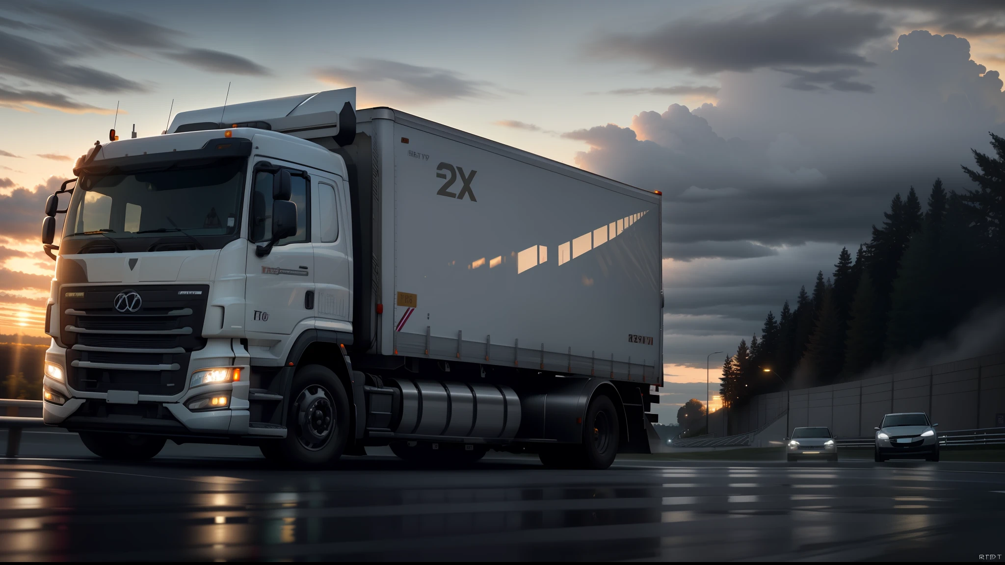 1RPTR side view, white delivery truck, on the highway, driving fast, (motion blur:1,2), LEDs, lights, RTX reflections, parking lights, twilight, award-winning masterpiece, sunset, cloudy sky, natural light, sharp focus, smooth, intricate details, 8K wallpapers, popular on ArtStation