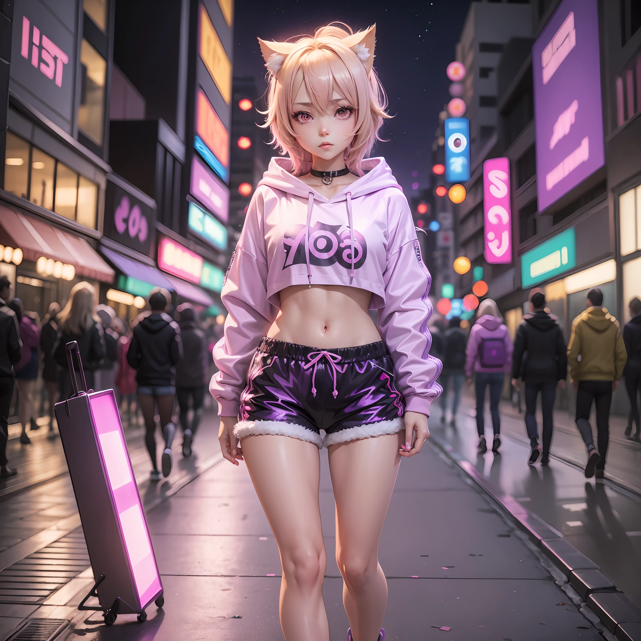 3d anime girl light blonde hair with one pink eye one violet eye wearing cat ears, cropped hoodie, pink sequin shorts, shoes with led lights walking under night sky in purple city lights --auto --s2