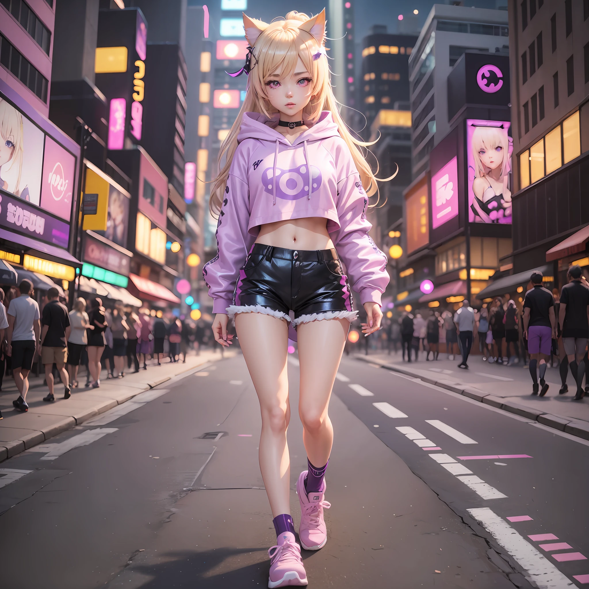 3d anime girl light blonde hair with one pink eye one violet eye wearing cat ears, cropped hoodie, pink sequin shorts, shoes with led lights walking under night sky in purple city lights --auto --s2