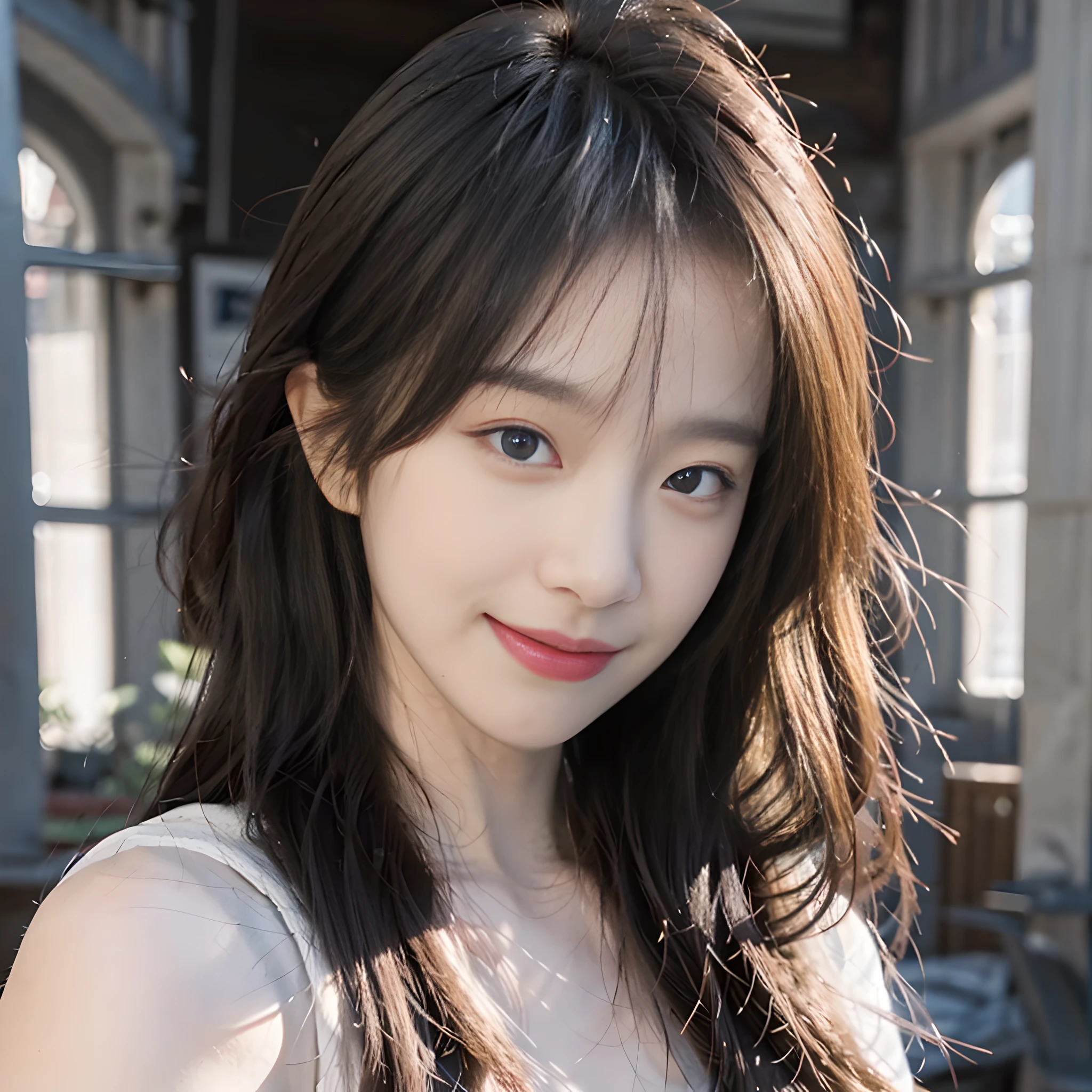 8K, Best Quality, Masterpiece, Ultra High Resolution, (Realism: 1.4), Original Photo, (Real Skin Texture: 1.3), (Film Grain: 1.3), (Selfie Angle), (1 Girl), Beautiful Blue Eyes and Face Details, Masterpiece, Best Quality, Close-up, Upper Body, Looking at the Viewer, Vest, In the Room, Skin Transparent, Smiling, Bright Tones, Highlights on Face, Overall Brightening of the Picture, 1/3 White on the Head