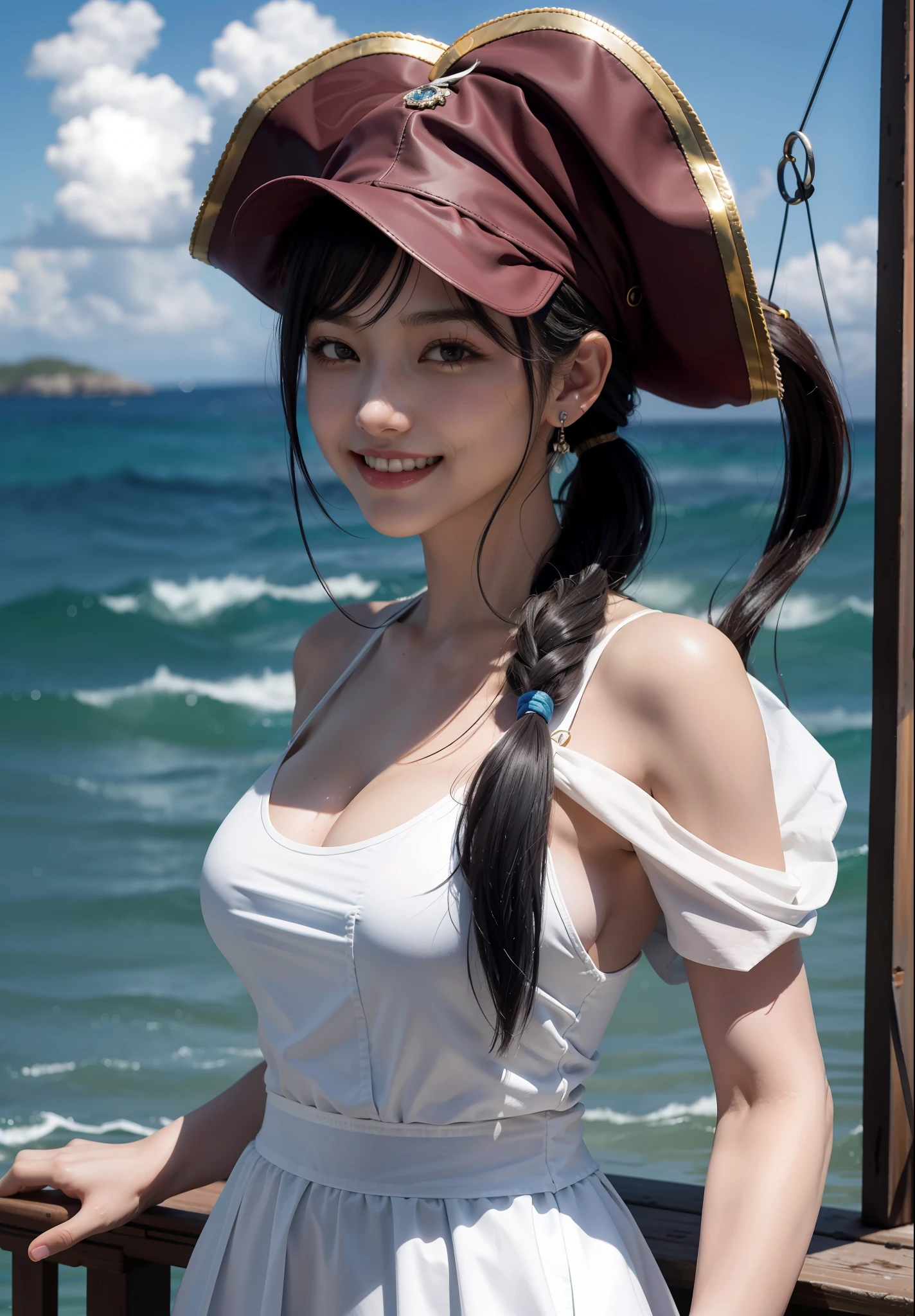 Best Quality, Masterpiece, Ultra High Resolution, (Realisticity: 1.4), Original Photo, Girl, Tifa, Cinematic Lighting, Seaside, Deck, Pirate Hat, Pirate Costume, Corsplay, Pirates of the Caribbean, Cape, Sunny, Blue Sky and White Clouds, Conservative Dress, Loose Top, Bodybuilding, Fashion Girl, Pick and Dye Gradient Hair, Bangs, High Ponytail, Big Bust, Facial Focus, Smile, Upper Teeth, Sunny Smile,