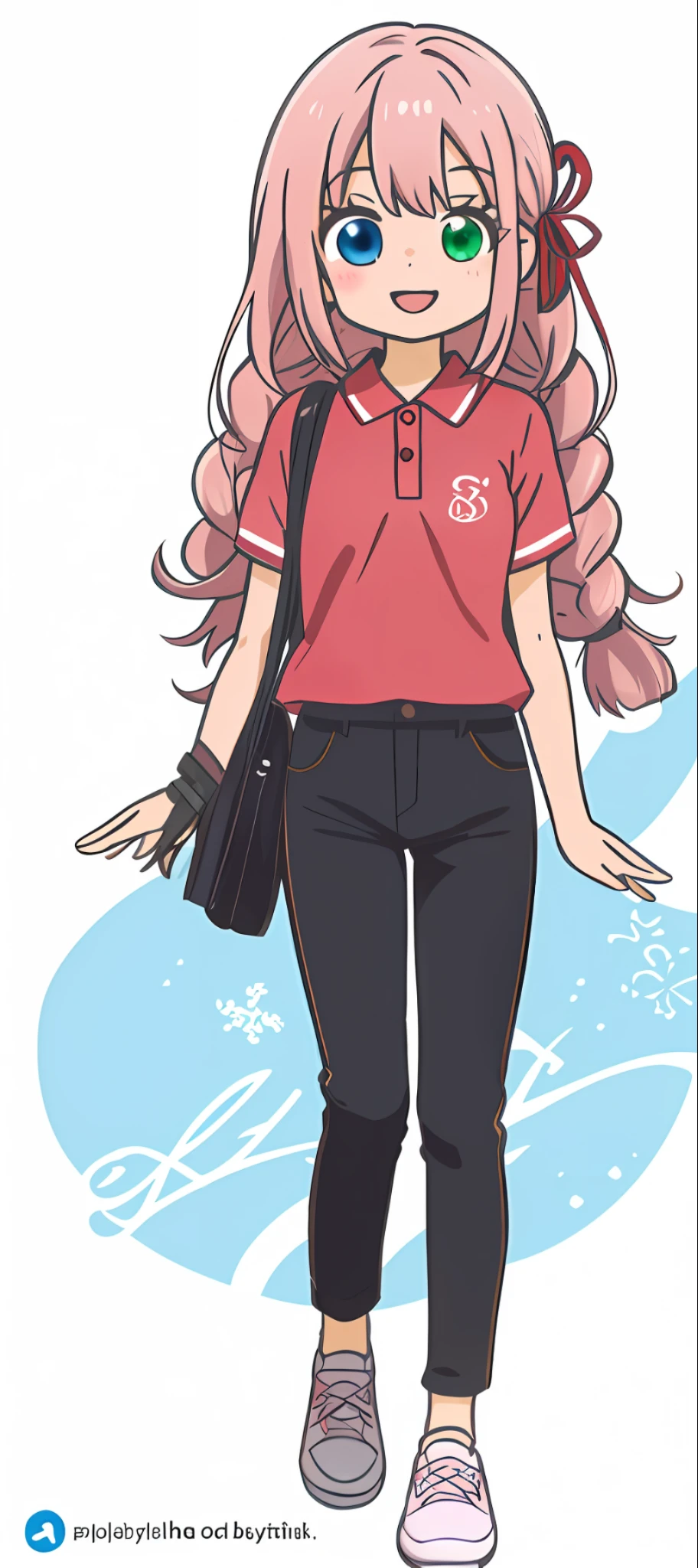 One Beautiful Girl, (Heterochromia, Blue and Green Eyes: 1.8), Shining Eyes, (Illustration: 1.1), (Chibi: 0.5), (Masterpiece, Super Detail, Best Quality, 8K, Kyoto Animation Animation Illustration)), (Caregiver, Cute Girl, Big, Solo, Watch Viewer, Upper Body, Front, Cute Open Mouth, Happy Smile: 1.3), (Loli: 1.2), ( Cute: 1.5), (red short sleeve polo shirt and black tight long pants, long heat tech inner shirt: 1.5), (footwear: sneakers), (pale pink hair, braid, long hair, cute ribbon: 1.1)