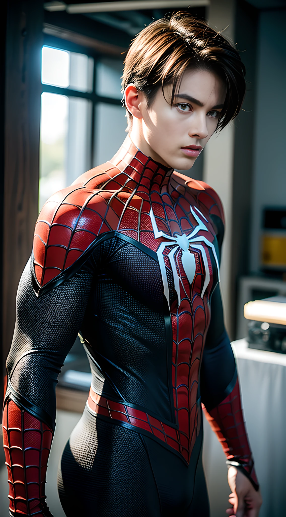(Alone), (Man), spider-man, handsome muscular high school boy, flying in the sky, (High Detail: 1 1), Natural Skin, High Quality, Beautiful Eyes, (Detailed Face and Eyes), (Face: 1 2), Noise, Real Photo, PSD, Sharp Focus, High Resolution 8K, Real and Professional Photography, 8K UHD, Soft Lighting, High Quality, Film Grain, FUJIFILM XT3