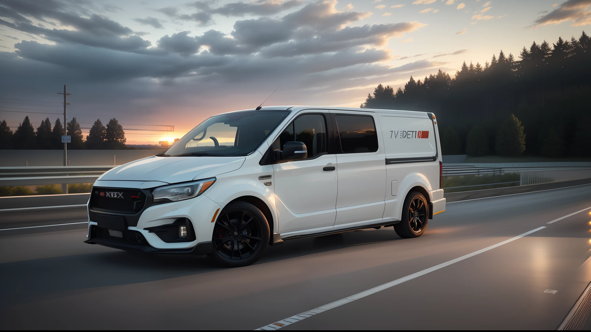 1RPTR side view, white delivery truck, on the highway, driving fast, (motion blur:1,2), LEDs, lights, RTX reflections, parking lights, twilight, award-winning masterpiece, sunset, cloudy sky, natural light, sharp focus, smooth, intricate details, 8K wallpapers, popular on ArtStation