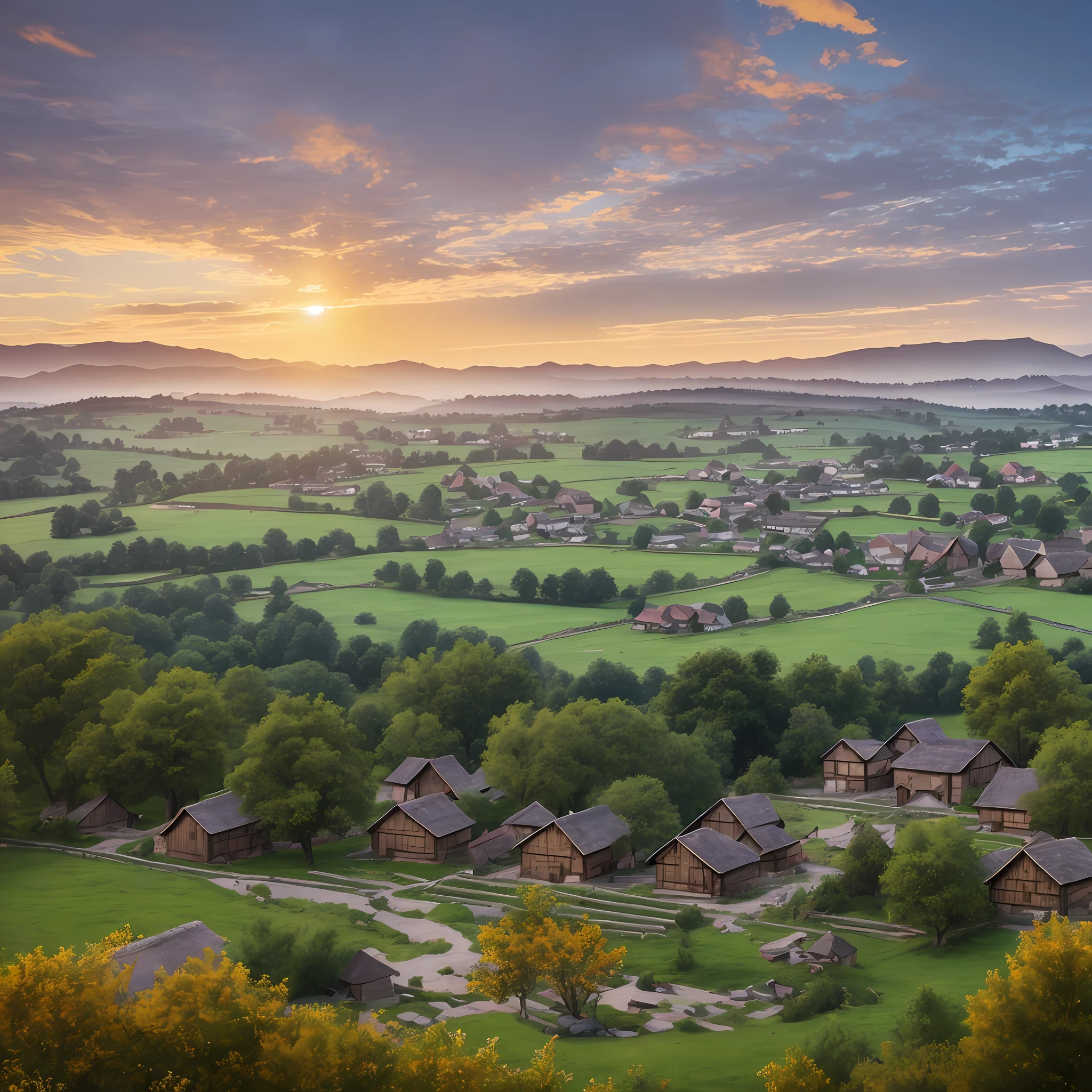 a medieval village, which trades in wood and animal skins, is in a rural setting>background=village, in the background of the landscape;it is a medium-sized village surrounded by a wooden palisade(village=gathering community wooden, some stone and roofed houses, lord's fortress at the top, beautiful location, surrounding countryside) Background=light woods, dawn, hills, pastures; high definition, detailed objects, detailed physics, 4k, realistic, cinematic, detailed shadows, radiant light, epic