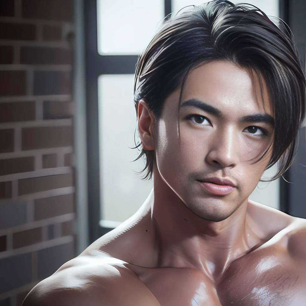 Handsome 40s Japan man looking down, naked torso, waist-length portrait, low camera angle, bottom view, bottom view, hands on either side of photographer, deep shadows, darkness (transparent) (moonlight: 1.3), award-winning POV, complex, detailed, stunning, fine detail, highly detailed face, sensual, exciting, highly detailed eyes and face, sharp gaze, disheveled hair, muscular body, perfect center, Nikon D850 film-lens, Porter 400 1.6, rich colors, ultra-realistic textures, spectacular, bright, popular with Art Station: zinc up to 800 (facial clarity: 1.5), anatomical masterpiece, window light, hair texture, wet hair (wet hair), hanging), model style (highly detailed cg wallpaper Unity 8k), trending in ArtStation, Trending by CGSociety, intricate and high detail, sharp focus, dramatic and photorealistic painting by Midjourney