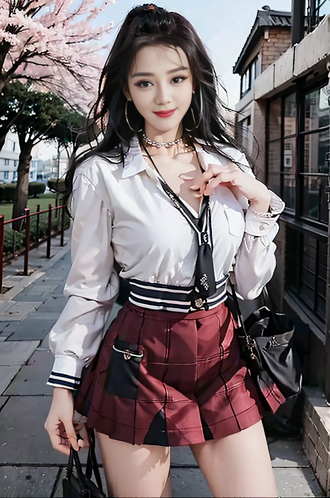 masterpiece, best quality, full body, 1girl, bangs, black choker, black necktie, black hair, blue skirt, blush, bracelet, breasts, choker, clothes around waist, collarbone, collared shirt, cowboy shot, dress shirt, ear piercing, eyebrows visible through hair, gradient hair, grin, gyaru, jewelry, kogal, long hair, looking at viewer, loose necktie, necktie, piercing, plaid, plaid skirt, pleated skirt, red eyes, ring, school uniform, shirt, skirt, smile, solo, white shirt, street, sky, cherry blossoms, petals,illustration, (magazine:1.3), (cover-style:1.3), fashionable, woman, vibrant, outfit, posing, front, colorful, dynamic, background, elements, confident, expression, holding, statement, accessory, majestic, coiled, around, touch, scene, text, cover, bold, attention-grabbing, title, stylish, font, catchy, headline, larger, striking, modern, trendy, focus, fashion,