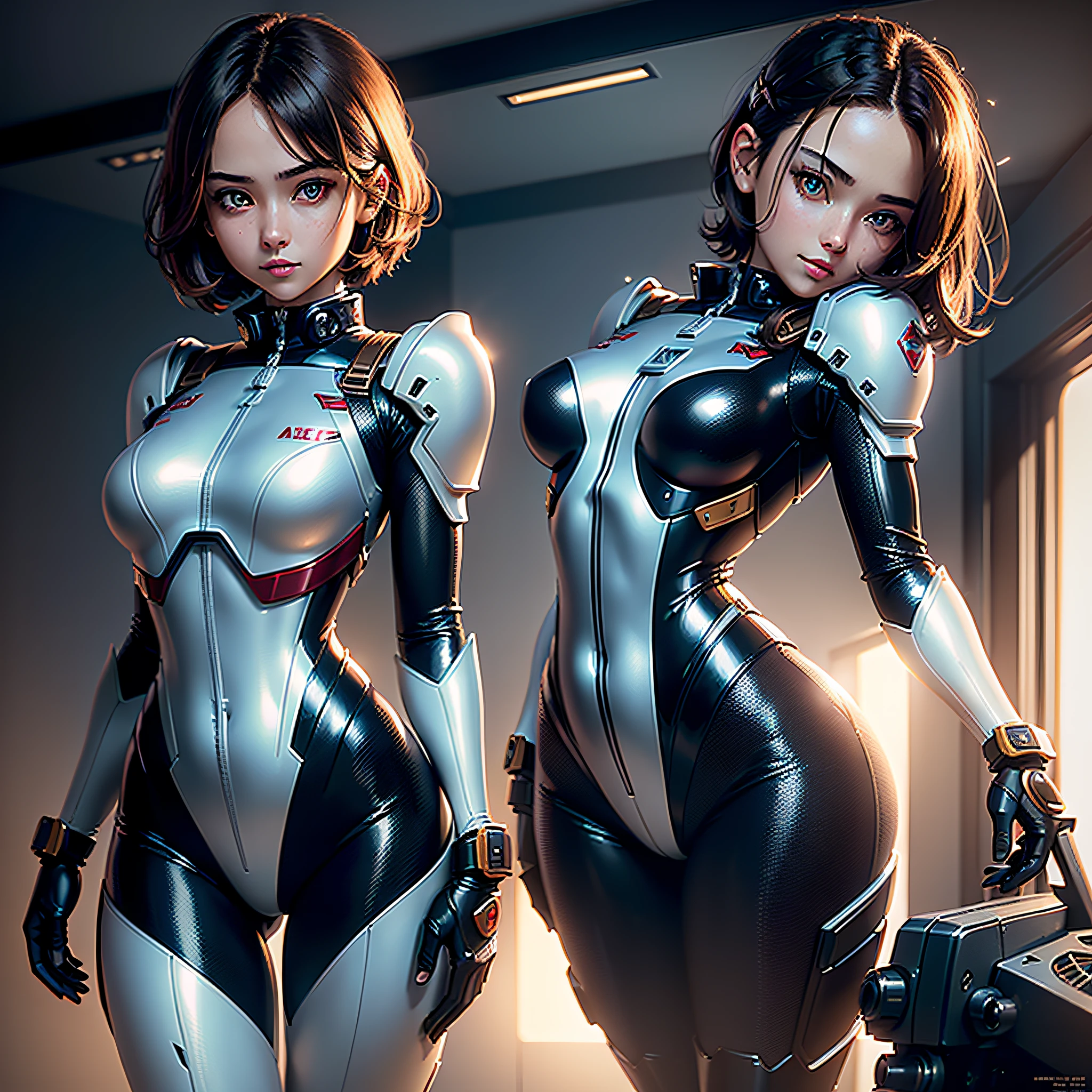(Masterpiece, highest quality, highest resolution, distinct_image, very elaborate CG, cinematic lighting, ray tracing, drop shadows, detailed detail, (photorealism: 1.4), high quality textures, fine-grained, realistic face expression): (Girl alone, face is Japan, girl with brown hair, short hair, small size breasts, Detailed Gundam cockpit with sparkly black colored eyes, eye level shots, metallic black colored flight suit, tight fitting clothes, full-body covering clothes, light smile, beauty, slim body, exoskeleton, heroine, headset, long boots, gloves, solo ride)